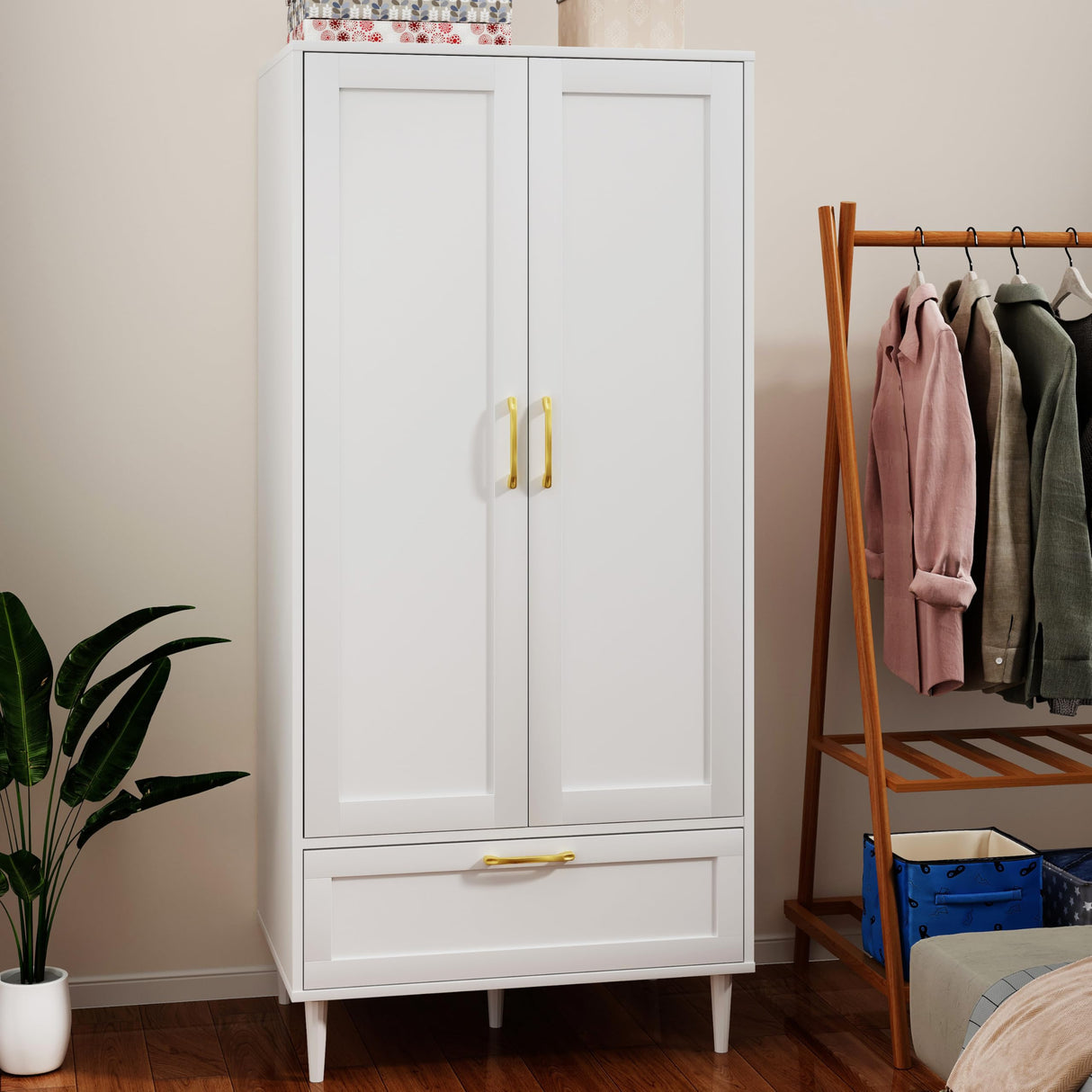 Gyger Wardrobe Closet with Drawer, Armoires and Wardrobes with Shelves and Hanging Rail,Freestanding Wooden Wardrobe Cabinet for Bedroom,White Gyger