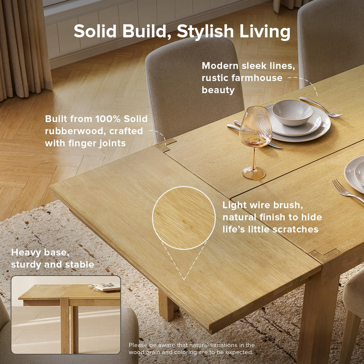 mopio Logan 7 Piece 6 Seater Upholstered Extendable Dining Table Set Beige Dining Chair Set of 6, Modern Farmhouse Solid Wood 7 Piece 91" for Dining Room Kitchen mopio