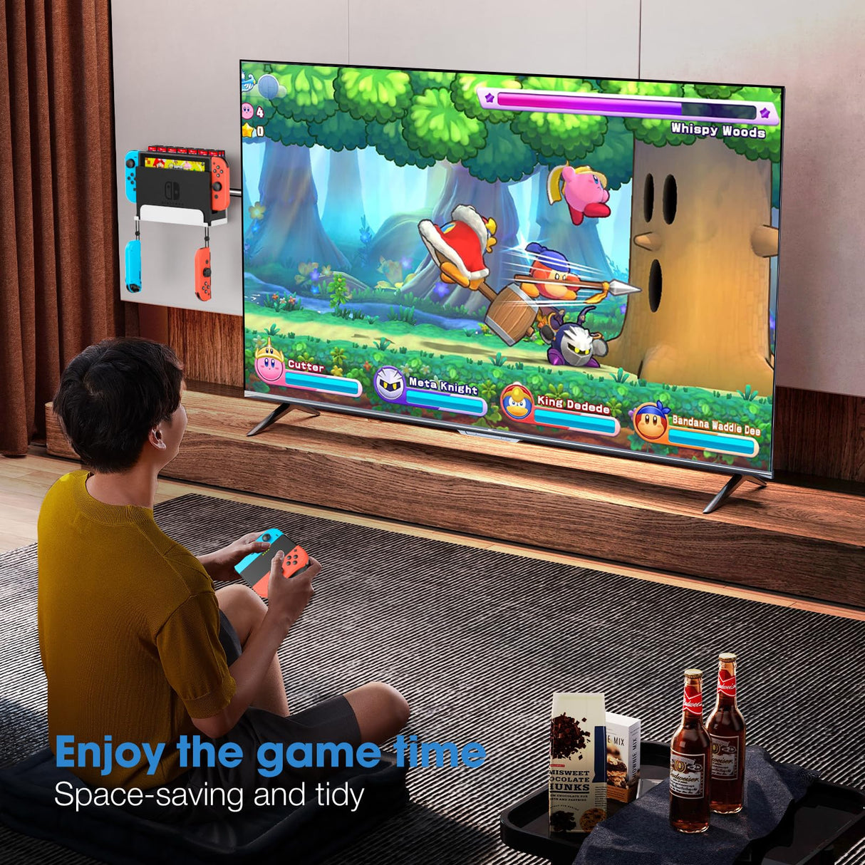 KUNSLCUK Wall Mount for Switch and Switch OLED, Metal Wall Mount Stand Accessories with 28 Game Cards Holder and 2 Joy-Con Hooks, Safely Mount your Switch on Wall Near TV (White) KUNSLUCK