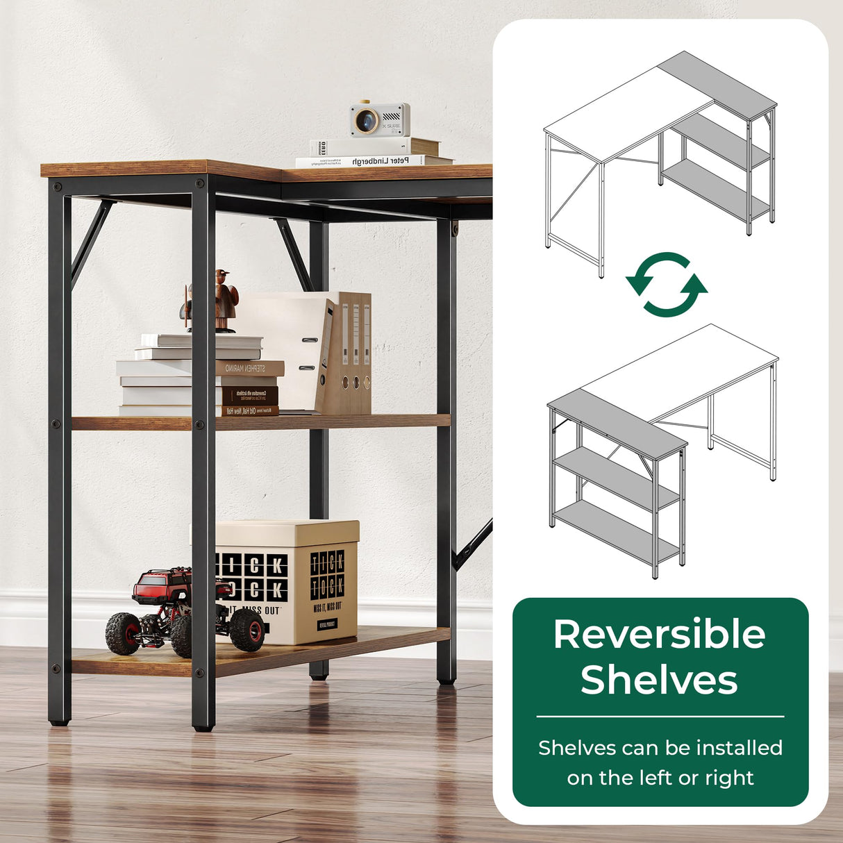 Huuger L Shaped Desk, 63 Inches Computer Desk with Reversible Storage Shelves, Gaming Desk, Corner Desk Home Office Desks, Writing Desk Study Desk with Metal Frame, Rustic Brown Huuger