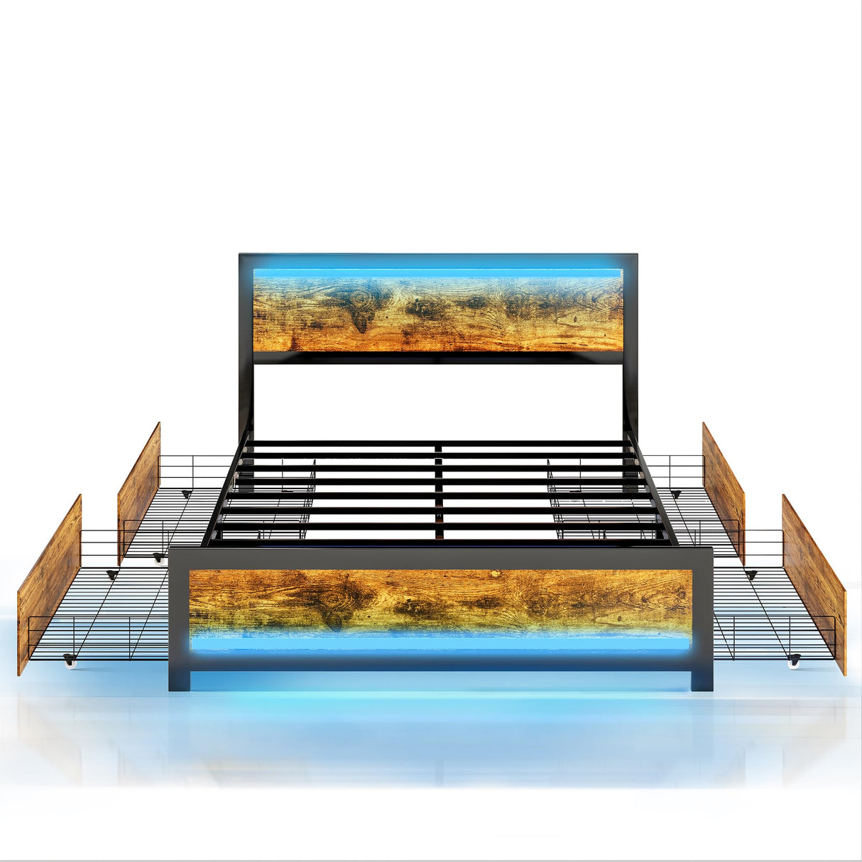 Ailisite Queen Size Bed Frame with 4 Drawers, LED Lights & USB Charging Ports - Rustic Wood Platform Design Ailisite