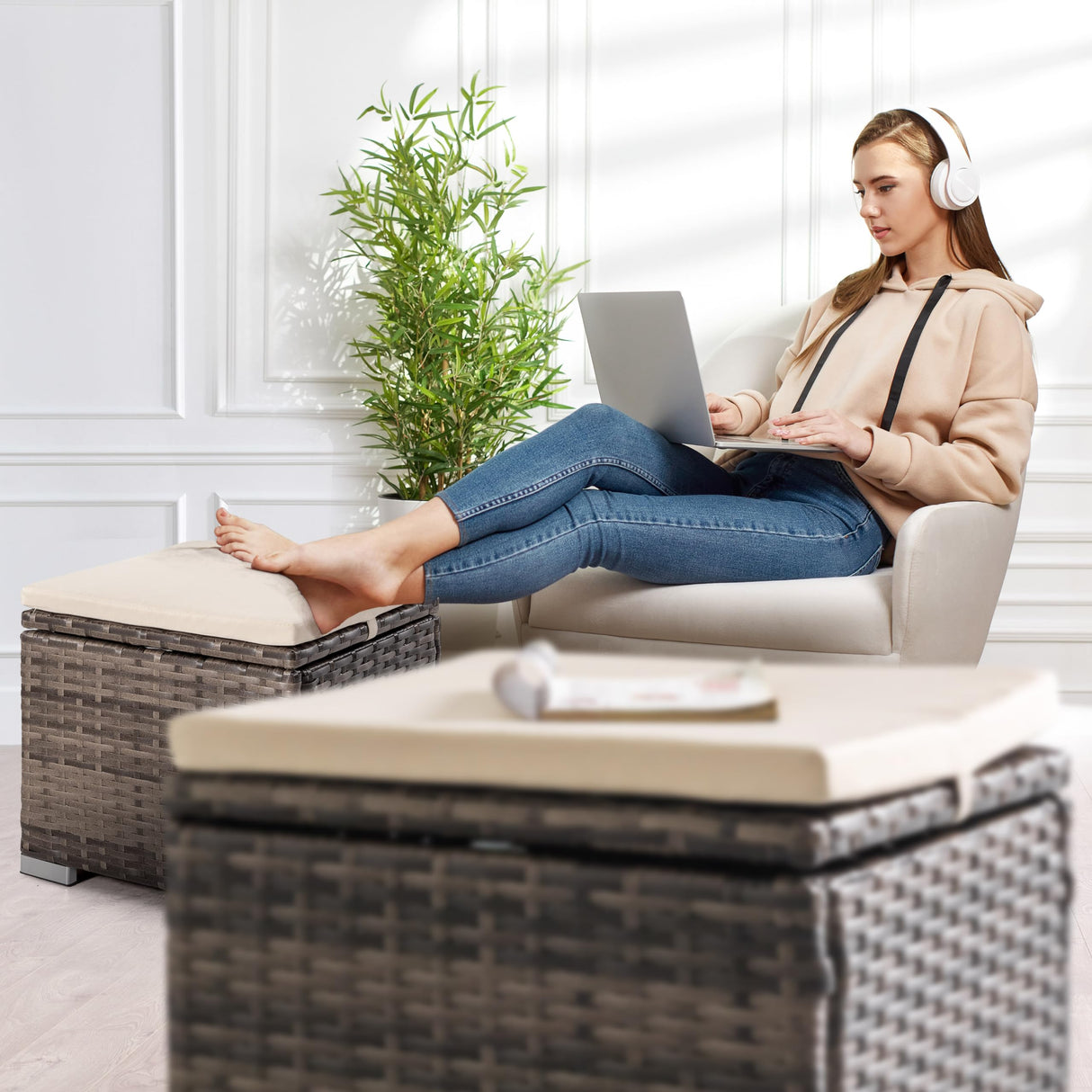 NUU GARDEN Outdoor 2 Piece Outdoor Patio Ottoman, All Weather Rattan Wicker Ottoman Seat, Outdoor Footstool Footrest Seat with Removable Cushion, for Patio, Backyard, Side Table, Brown and Beige NUU GARDEN