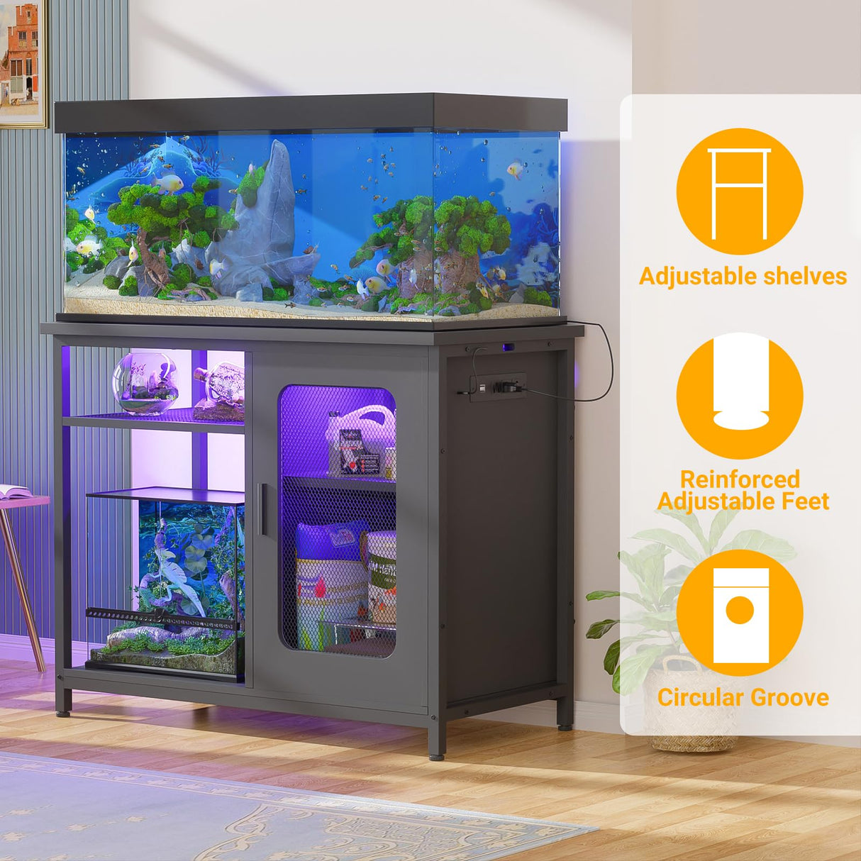 Unikito 20-29 Gallon Fish Tank Stand with Power Outlets & LED Light, Reversible Metal Aquarium Stand with Cabinet for Fish Tank Accessories Storage, Suitable for Reptile Terrarium, Turtle Tank, Black Unikito