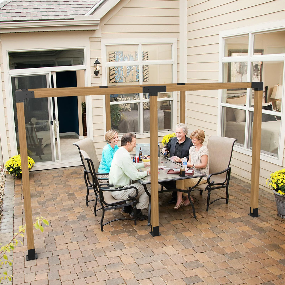 Wilkblck Pergola Brackets Kit 4''x 4'', Gazebo Brackets 2 Set Heavy Duty 4-Way Right Angle Corner Bracket with Pergola Post Base, DIY Pergola Kit Wilkblck