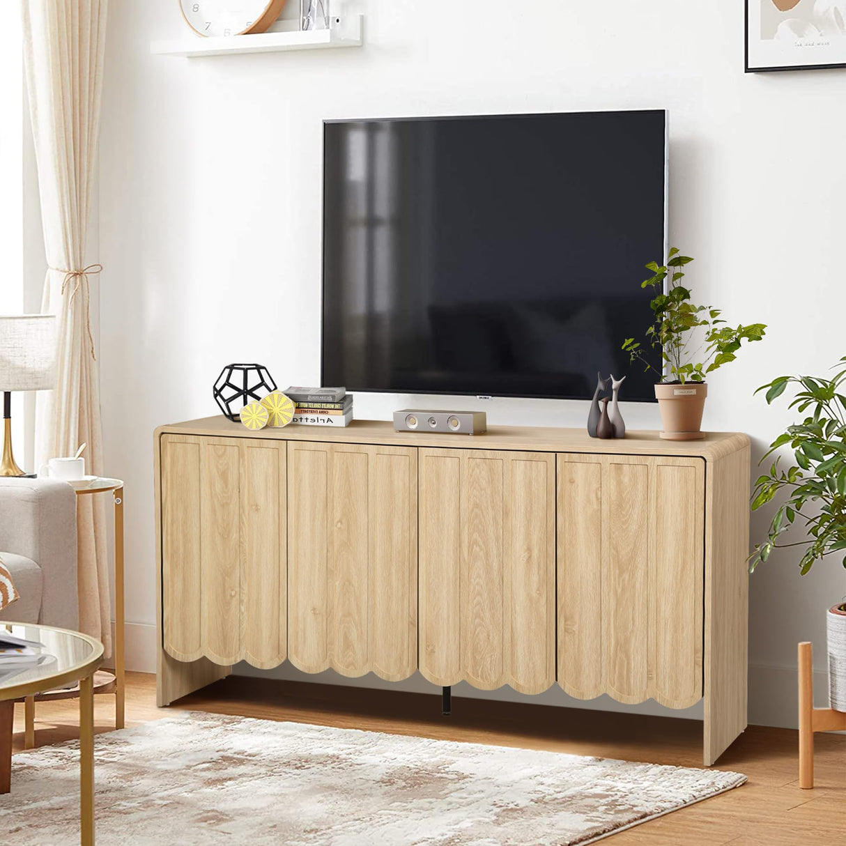 ORRD Sideboard Buffet Cabinet, Accent Storage Cabinets with 4 Doors, Farmhouse Wood Cabinet with Adjustable Shelves and Wave Panel for Living Room, Dining Room, Entry - Natural ORRD