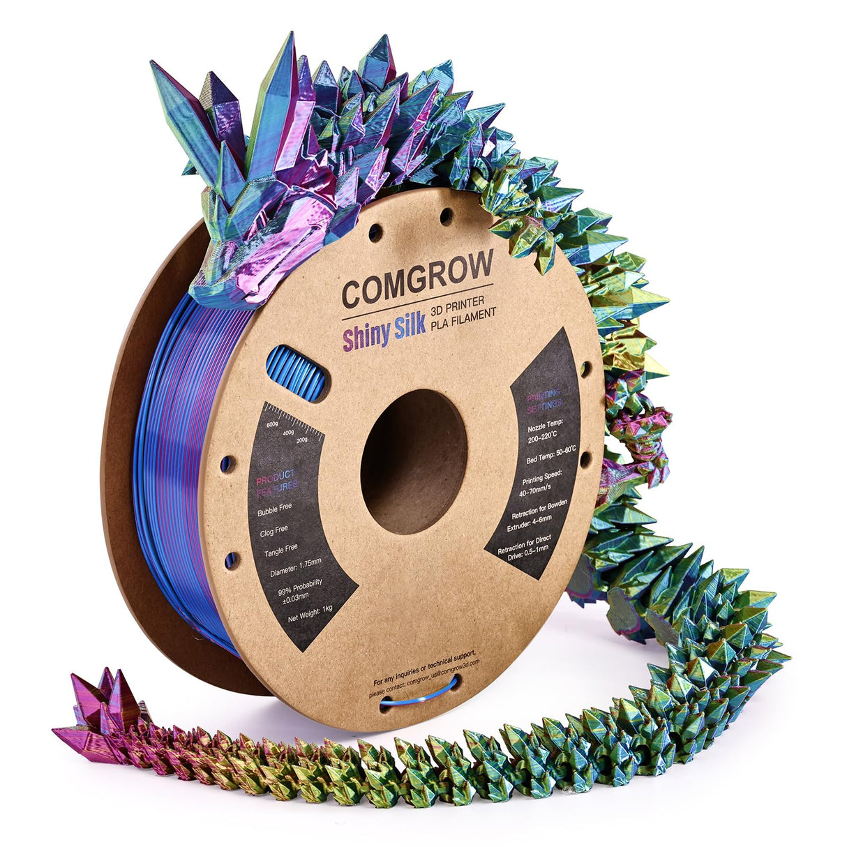 Comgrow Tri-Colors Silk PLA 3D Printer Filament, Rainbow PLA Filament 1.75mm, Dimensional Accuracy +/- 0.02 mm, 1KG Spool, Coextrusion 3D Filament with Shiny Silk Red-Blue-Yellow Comgrow