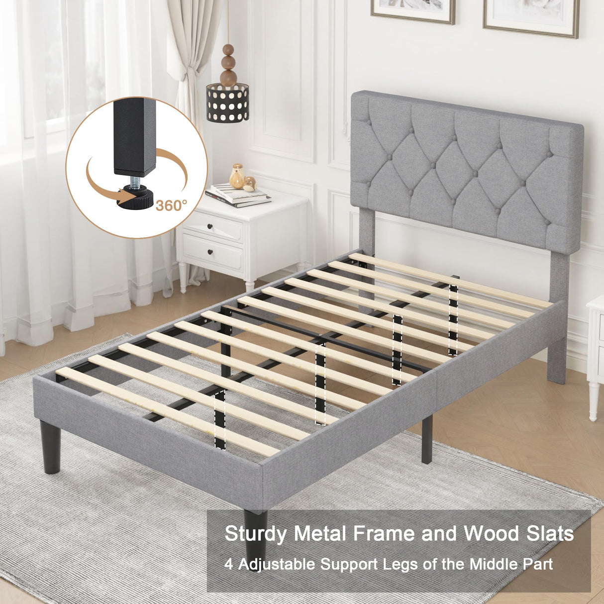 VECELO Twin Bed Frame with Button Tufted Headboard, Upholstered Platform with Wooden Slat Support, No Box Spring Needed, Grey VECELO