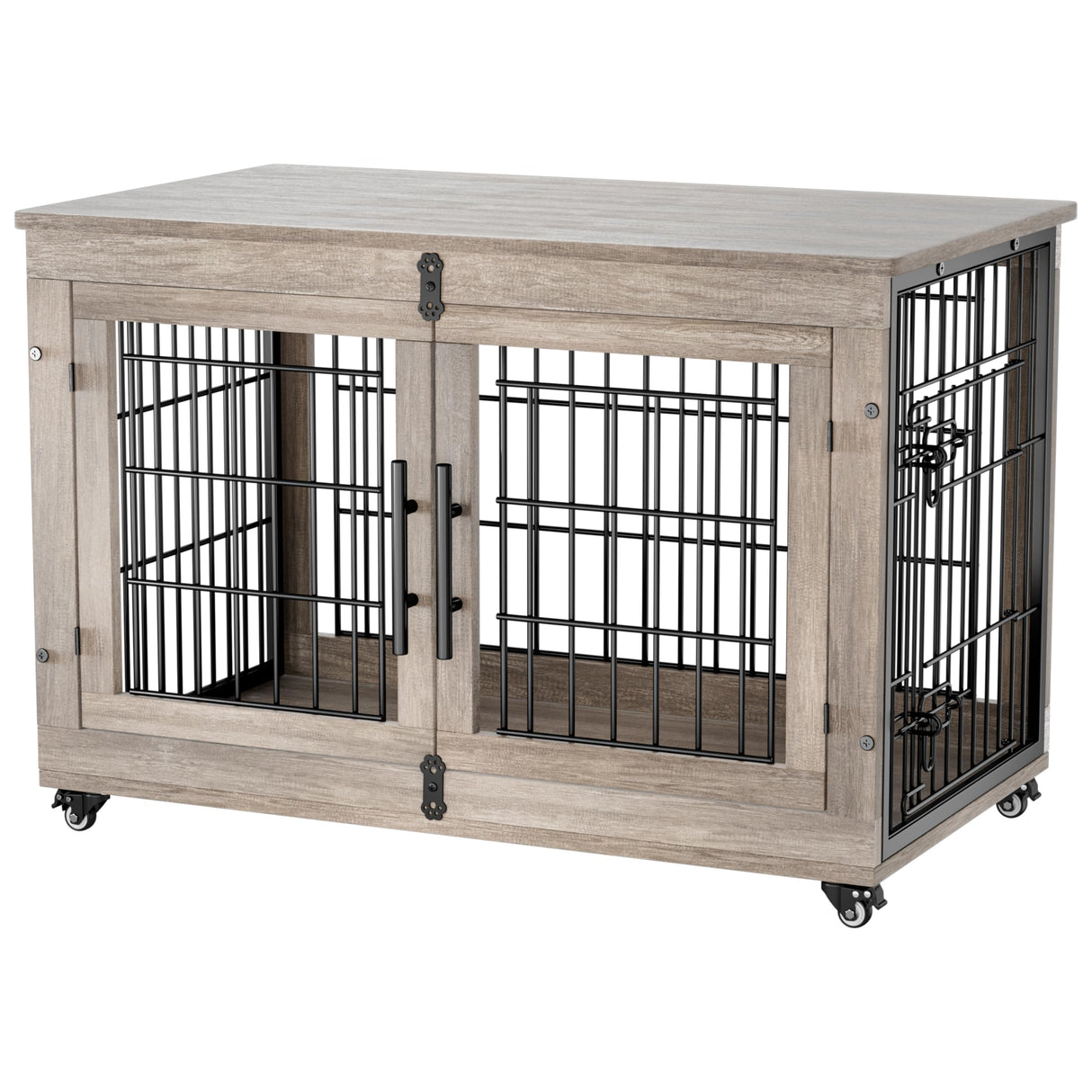 Dog Crate Furniture with Cushion, Large Wooden Dog Kennel Indoor with Double Doors, Dog Cage with Wheels, Dog House Side End Table for Large Medium Dogs up to 70 lb, 38.5” L, Grey YaFiti