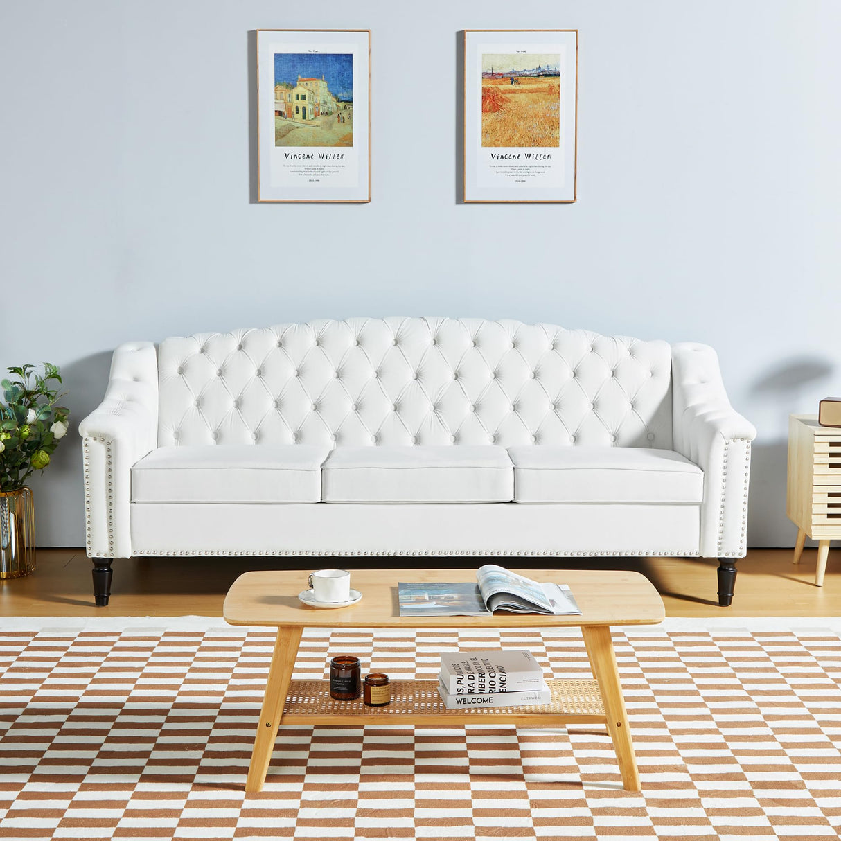 PHOYAL Chesterfield Couch 3 Seater Large Sofa, Velvet Sofas and Couches 80 Inches Mid Century Modern Couch Tufted Back Sofa for Living Room Furniture (White) PHOYAL