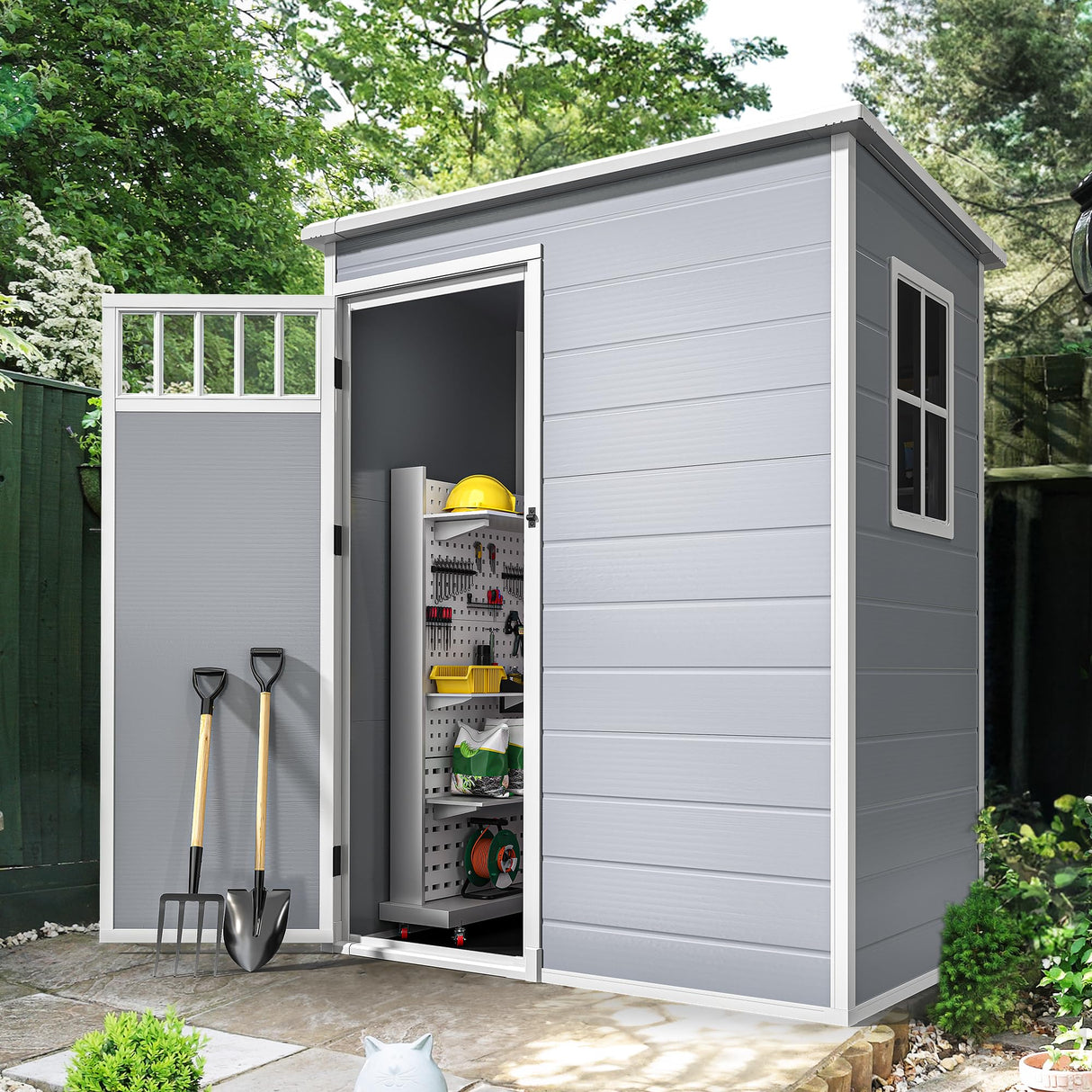 DWVO 5x3FT Outdoor Storage Shed with Fence-Style and Side Windows, Floor, Lockable Doors, Plastic Storage Shed for Backyard and Garden, Gray DWVO