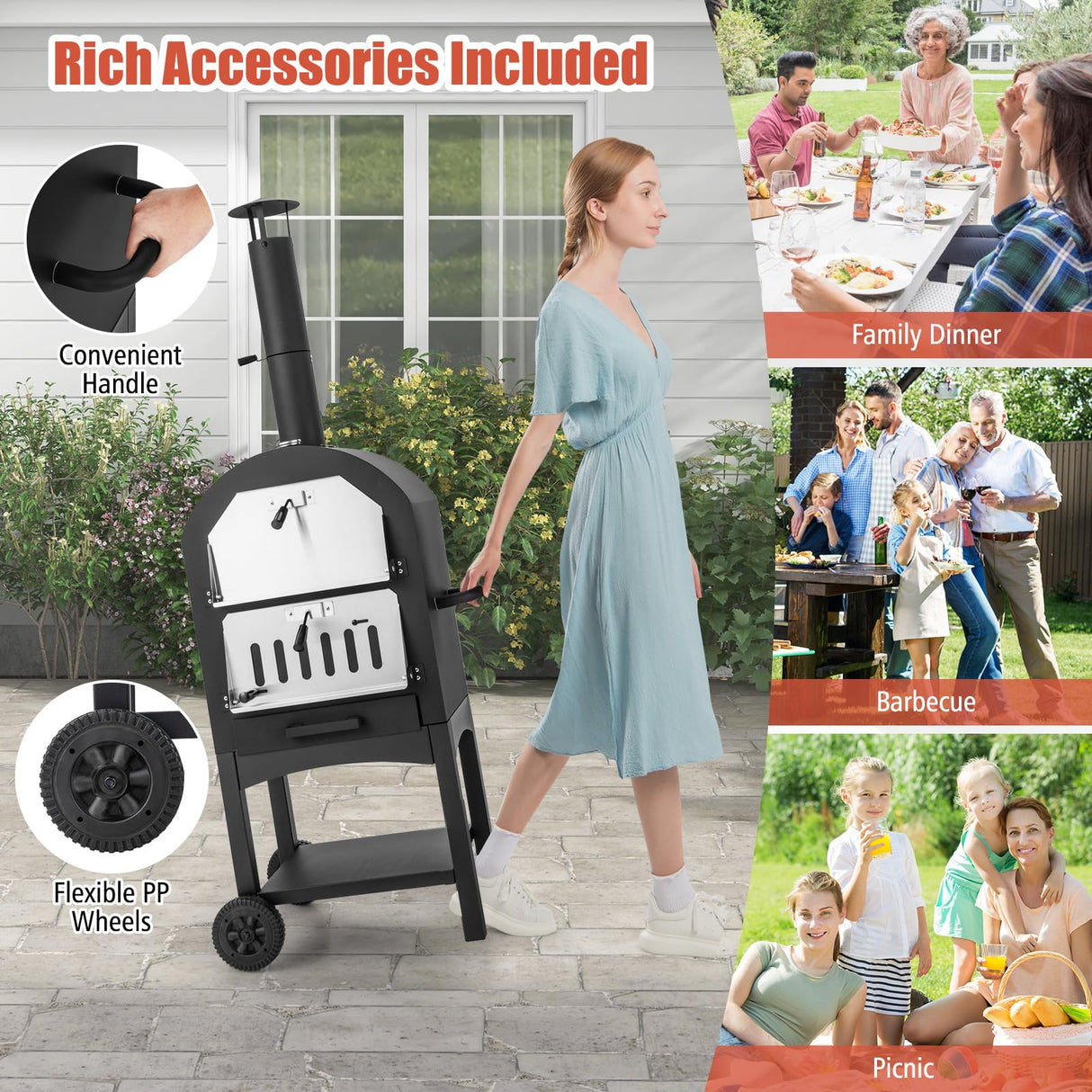 Giantex Pizza Oven Outdoor, Wood Fired Pizza Oven with Pizza Stone, Pizza Peel, Waterproof Cover, Cooking Grids, Pizza Maker with Wheels for Outside Camping Backyard Party (64 Inch) Giantex