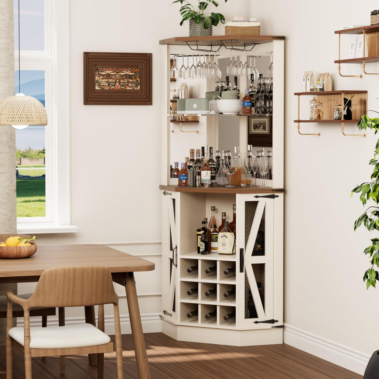 Royal Windsor Farmhouse Corner Bar Cabinet,Modern Wood Freestanding Wine Bar with Storage and Wine Holder, Tall Hutch Cabinet for Home, Display Bar Cabinet with LED Lights and Mirror, White Royal Windsor