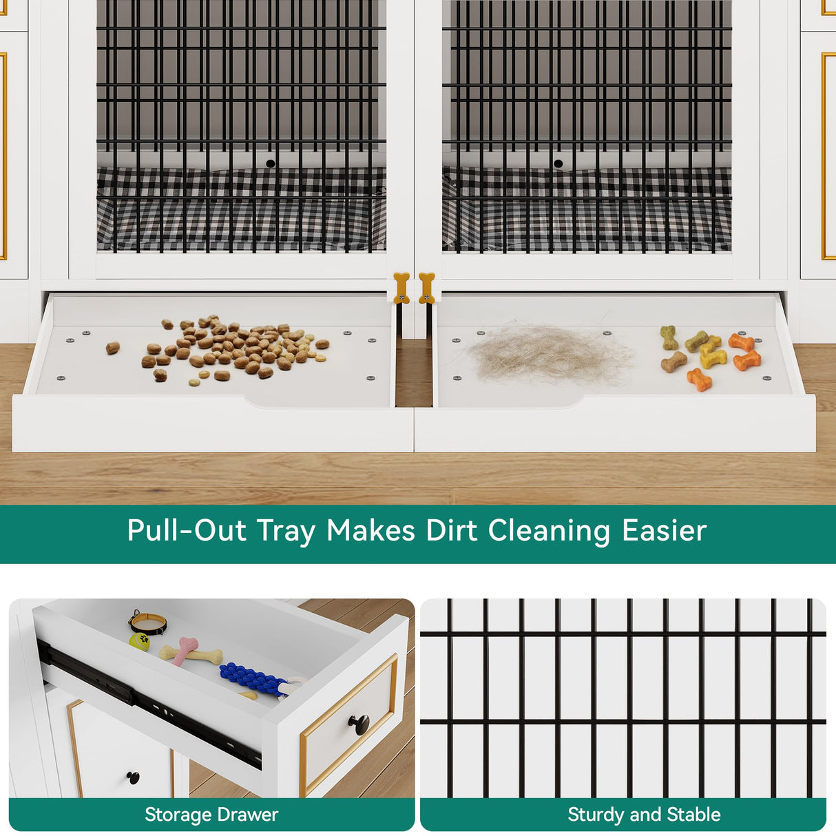 YITAHOME Double Dog Kennel Furniture with Tray, 79" Dog Crate Table with Storage for 2 Small/Medium Dogs, Indoor Wooden Dog House TV Stand, White YITAHOME