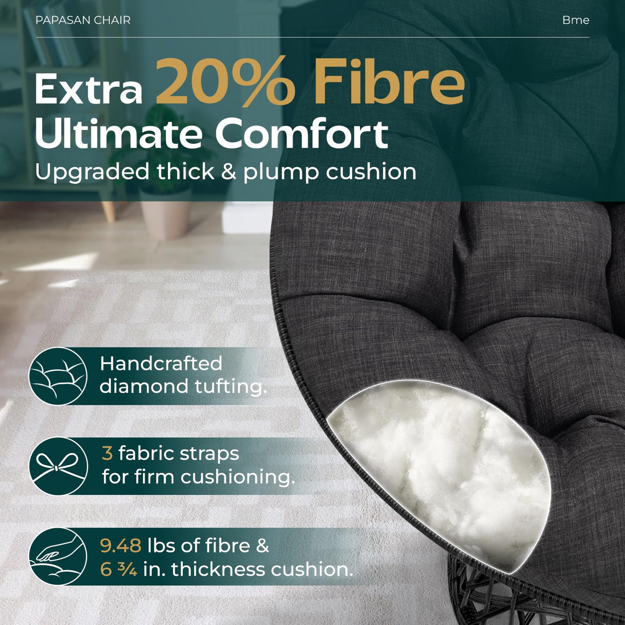 Bme 40" Ergonomic Wicker Papasan Chair with Soft Thick Cushion & Frame, 360° Swivel Papasan Chair, Circle Chair, Reading Chair, Comfy Chair for Living Room, Bedroom, Onyx Stone - Black Base Bme