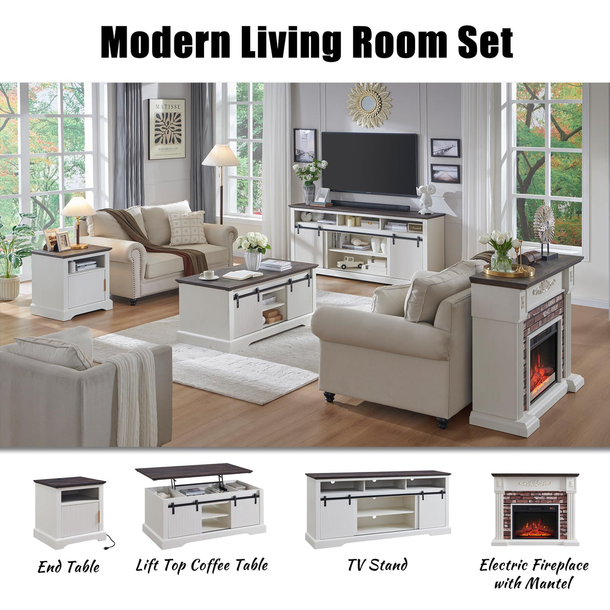 43" Electric Fireplace with Mantel, Electric Fireplace Heater, TV Stand w/Freestanding Electric Fireplace, Stacked Stone Surround, Remote Control, Adjustable Flame Level for Living Room (White) Aitjunz