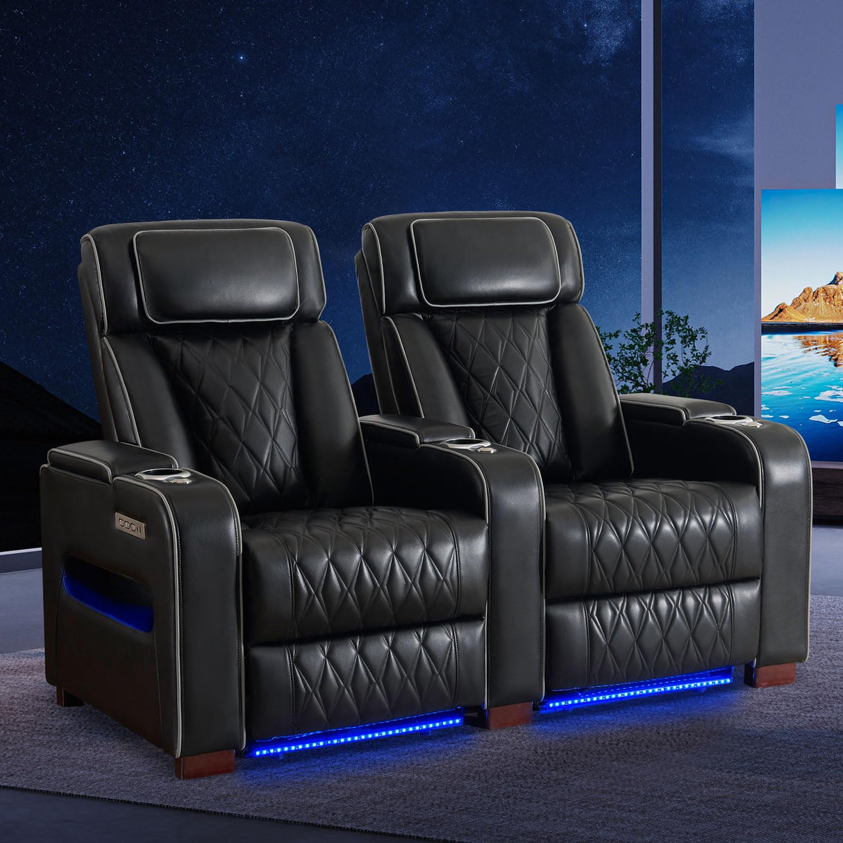CALIVIA Luxury Home Theater Seating – Power Recliner with Adjustable Headrests, Blue LED Ambient Lighting, Tray Table, USB & Type-C Charging (Black,2 Seat) CALIVIA