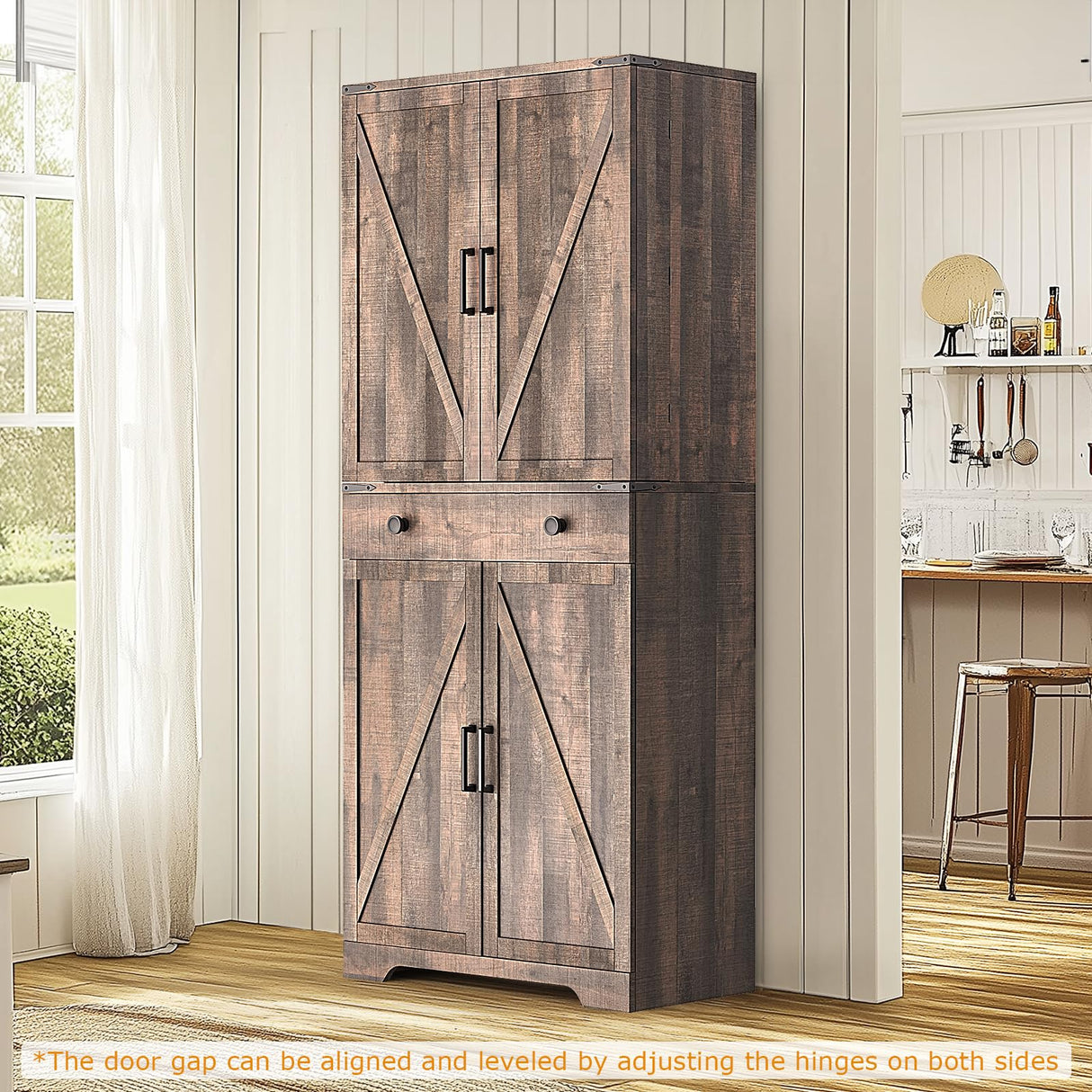 Teekyooly 72" Tall Farmhouse Kitchen Pantry Cabinet, Large Storage Cabinet with 6 Adjustable Shelves, 4 Barn Doors & Drawer for Bathroom, Dining Room, Brown Teekyooly