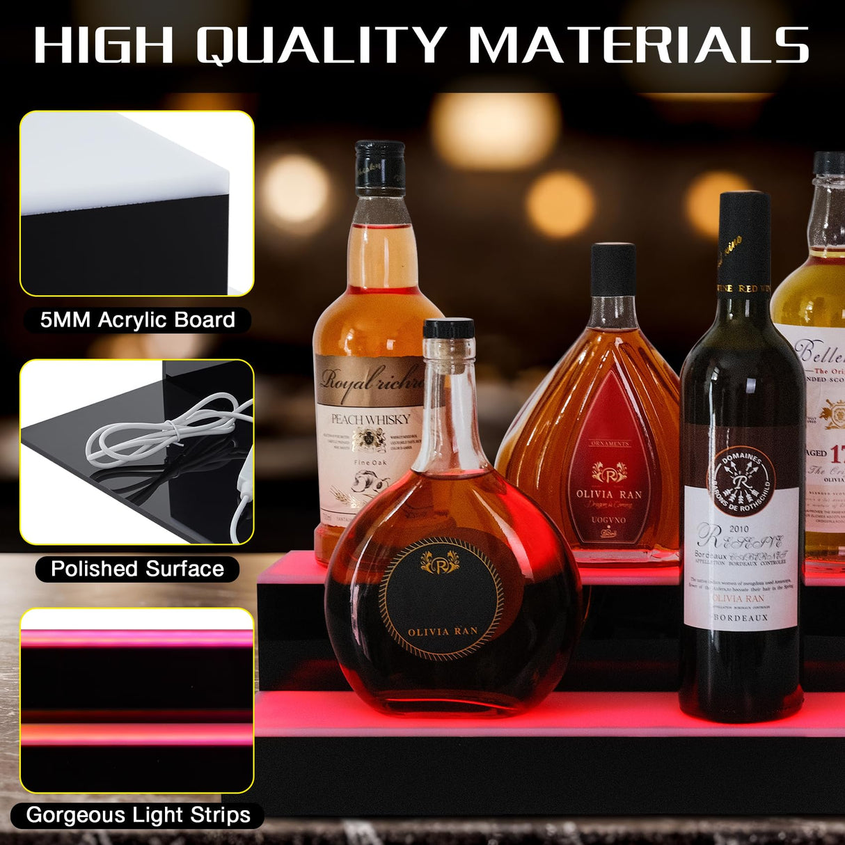 ClarityCraze LED Lighted Liquor Bottle Display Shelf, 2 Tiers 24 Inch Bar Bottle Display Shelf with Remote and App Control for Home Bar Party Whiskey Wine Coffee Syrup Water Bottle Display ClarityCraze