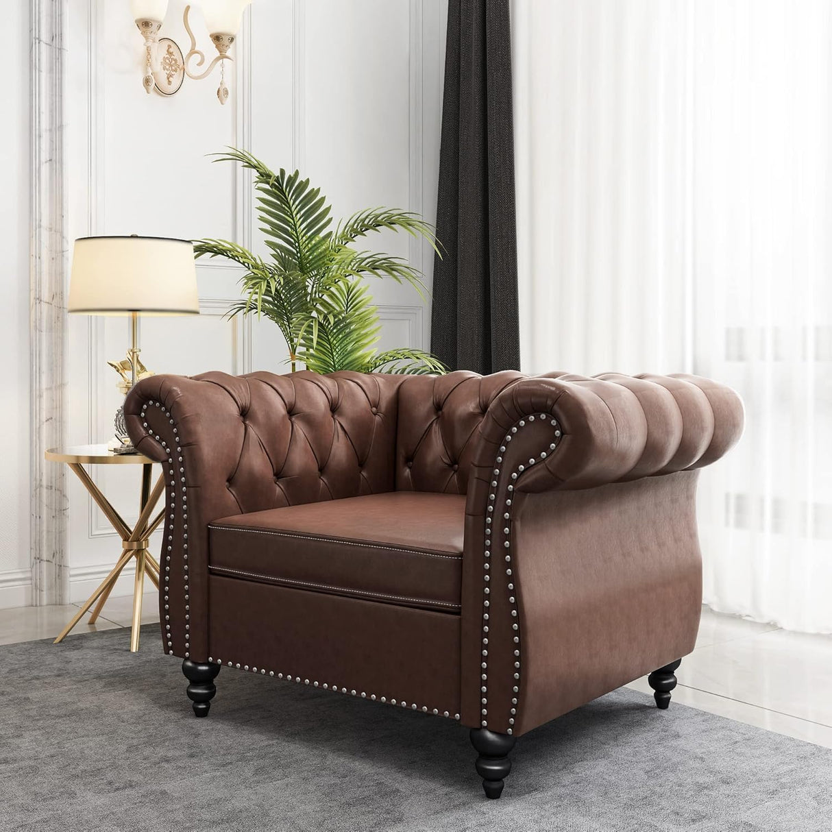 AVZEAR Leather Sofa 3 Seater Couch, Large Sofa Furniture Roll Arm Classic Tufted Chesterfield Settee Leather Sofa with Channel Tufted Seat Back for Living Room, Brown PU AVZEAR