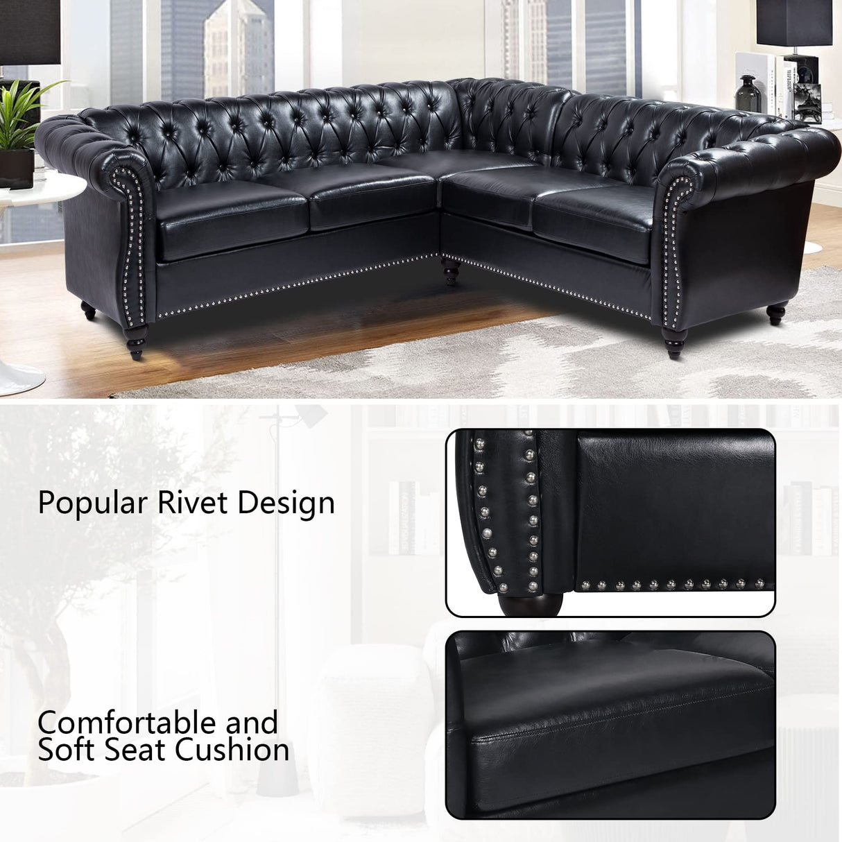 QHITTY L-Shaped Sofa, Sectional Chesterfield Leather Couch 5-Seater Upholstered Small Accent Tufted Sofa with Rolled Armrest and Nailhead Design for Living Room, Apartment, Office (Black) QHITTY