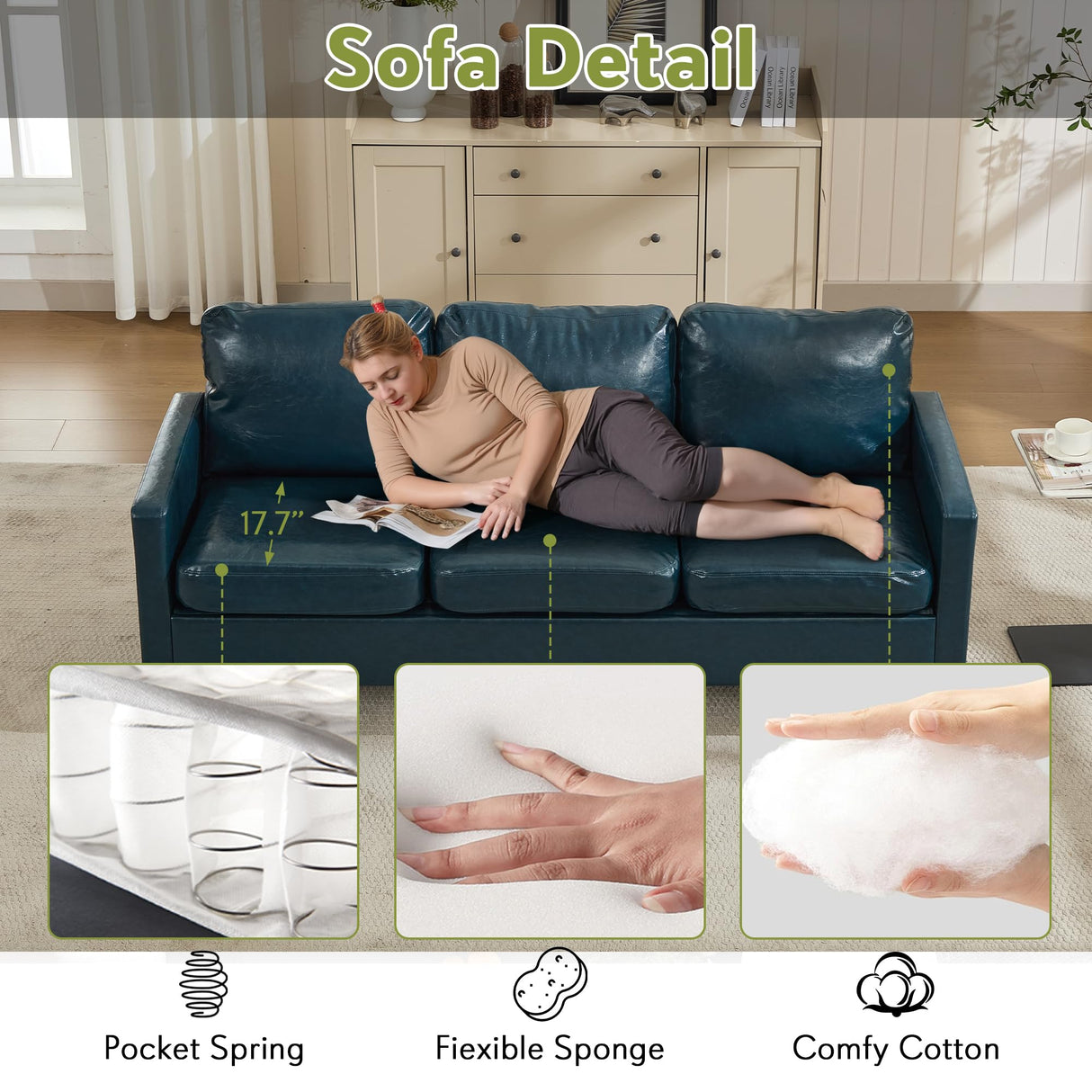 STHOUYN 73" W Faux Leather Couch w/ 2 USB, Leather Sofa w/Side Pockets, Wooden Frame 3 Seat Couch for Livingroom, Office, Apartment (Blue, 3 Seater) STHOUYN