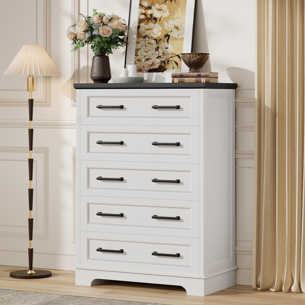 Furmax Farmhouse Dresser for Bedroom, 5 Drawers Dresser, Wood Chest of Drawers, 52" Wide Storage Dressers Organizer for Bedroom, Living Room (White and Black) Furmax