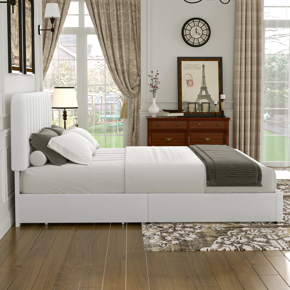 VECELO King Size Upholstered Bed Frame with 4 Drawers and Headboard, Velvet Platform Storage Bedframe, Wooden Slats Support, No Box Spring Needed,Snow-White VECELO