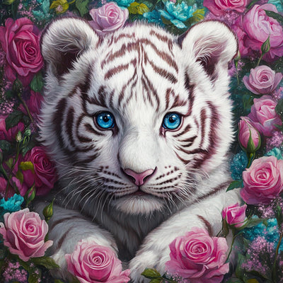 RICUVED Diamond Art Kits for Adults, White Tiger Diamond Painting Kits for Beginners, Animal Flowers DIY 5D Full Round Drill Gem Crystal Rhinestone Art and Craft Kit for Gift Home Wall Decor 30x30cm