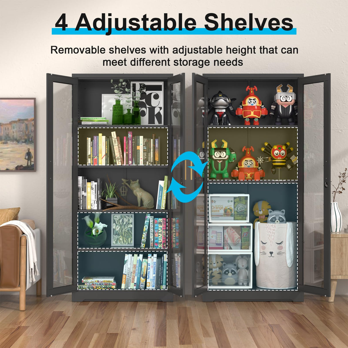 Display Cabinet with Glass Doors,Curio Cabinet with Lock,71" Metal Tall Display Case Cabinet with 4 Adjustable Shelves, Black Bookcase Locking Glass Display Cabinet for Living Room, Kitchen,Commercial SteeLoong