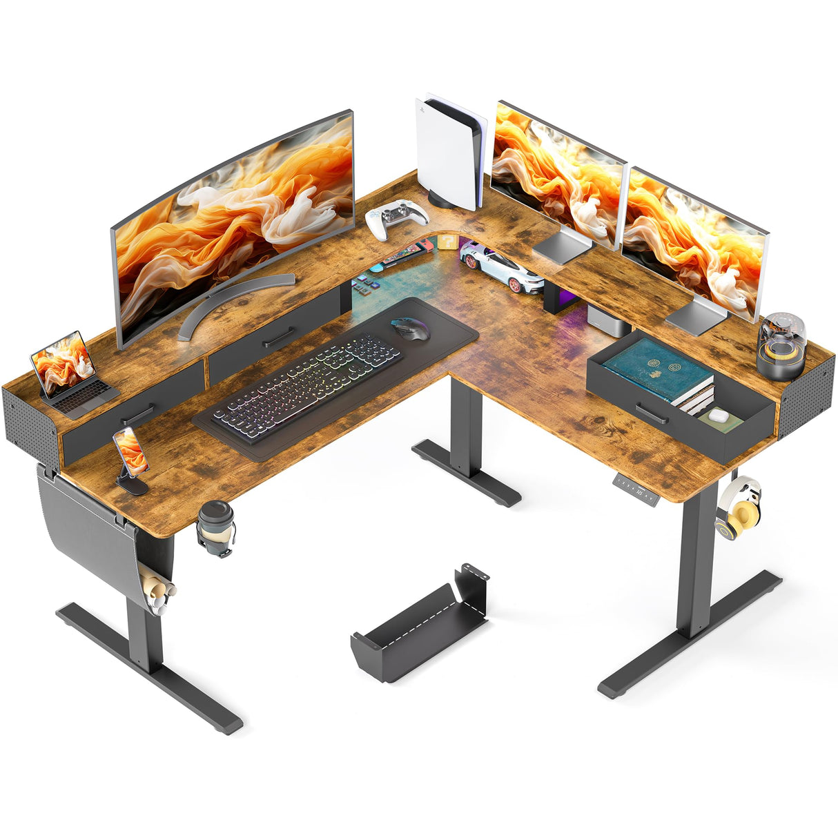 WALKINGDESK 63 Inches Height Adjustable L Shaped Standing Desk with 3 Drawers and Monitor Shelf, Electric Corner Comupter Desk, Sit Stand up Home Office Desk, Ergonomic Gaming Desk, Rustic Brown WALKINGDESK