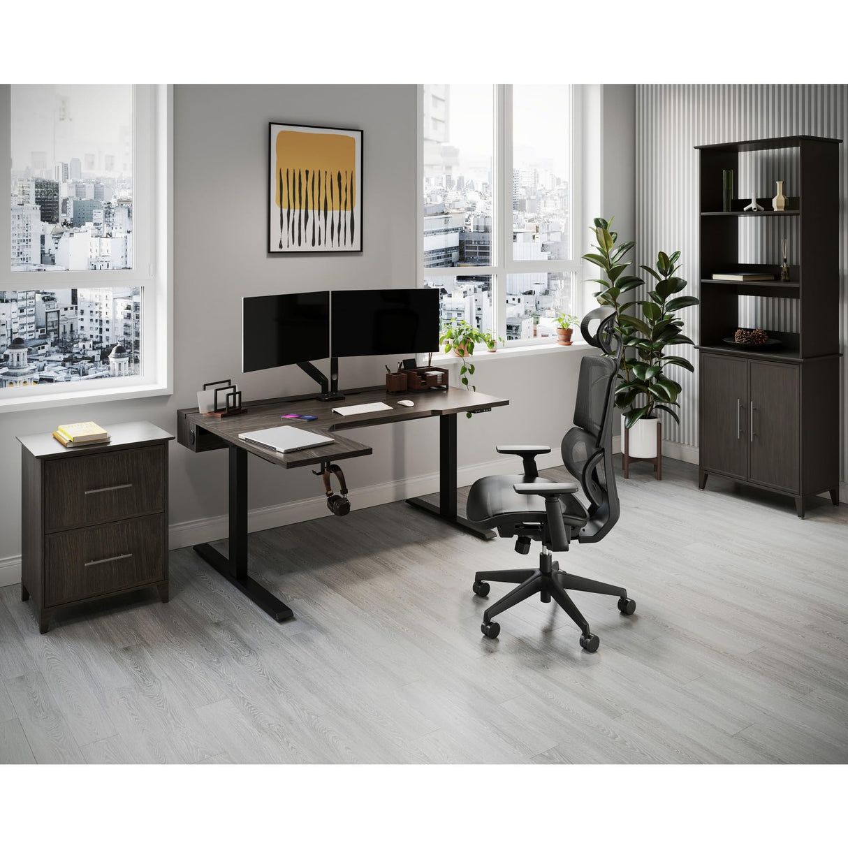 Realspace® Koru Electric 59" W L-Shaped Height-Adjustable Standing Desk with Integrated Power & Charging, Espresso Oak Realspace
