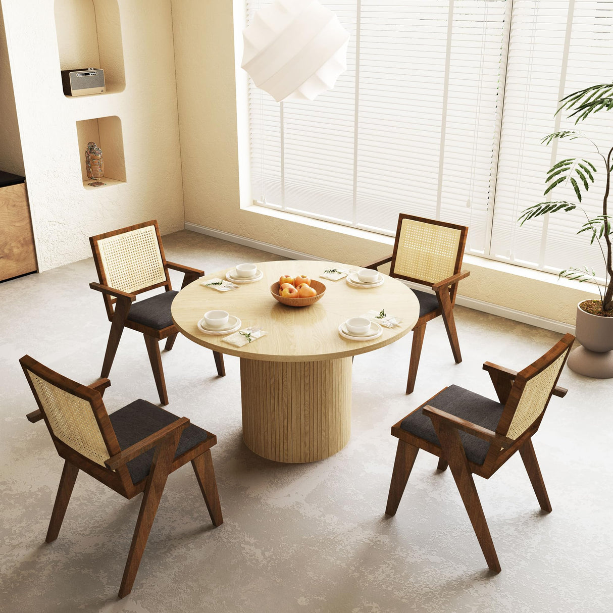 47 Inch Round Dining Table, Farmhouse Fluted Dining Kitchen Table, Modern Wood Small Circle Dining Table for Kitchen Living Room, Natural PHOYAL