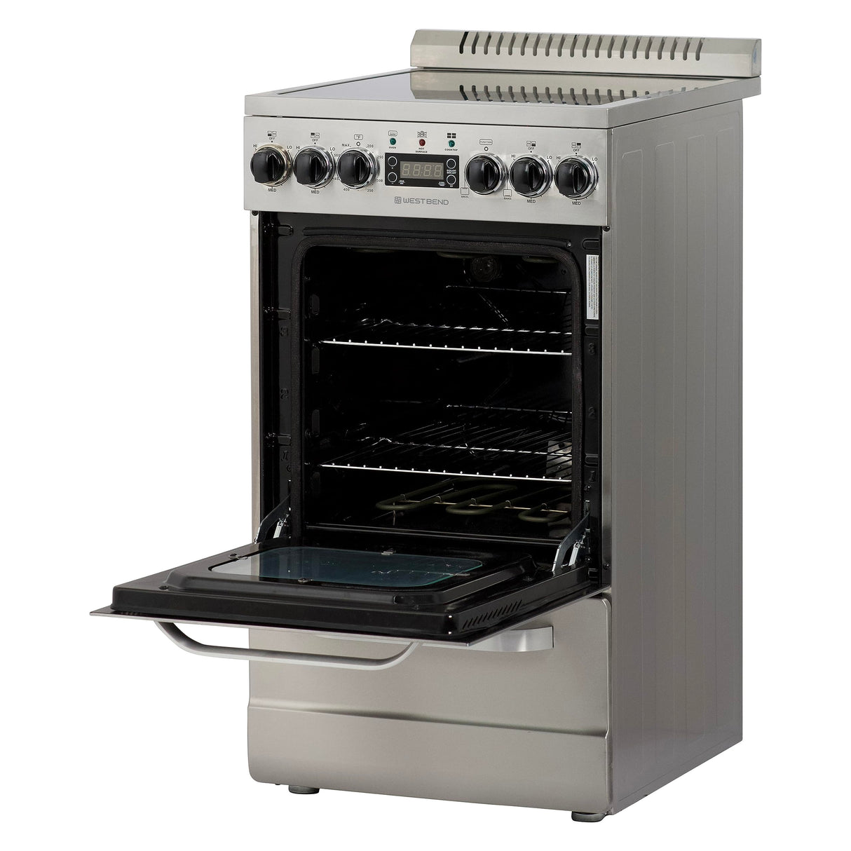 West Bend WB200ERPSS 20-Inch Electric Range, Compact Design, Top with 4 Cooking Zones, Glass Oven Door, Storage Drawer, and Rotisserie Accessories, 2.0 Cu. Ft, Stainless Steel, Metallic West Bend