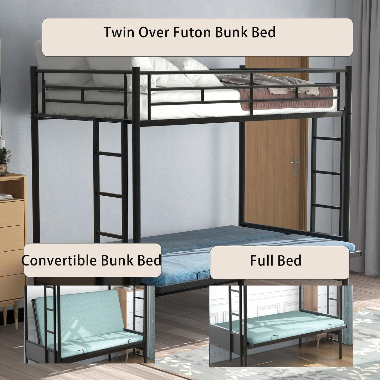 MWrouqfur Twin Over Futon Bunk Bed with Stairs, Metal Bunk Bed with Futon on Bottom, Convertible Bunk Beds with Couch Underneath for Kids Girls Boys MWrouqfur