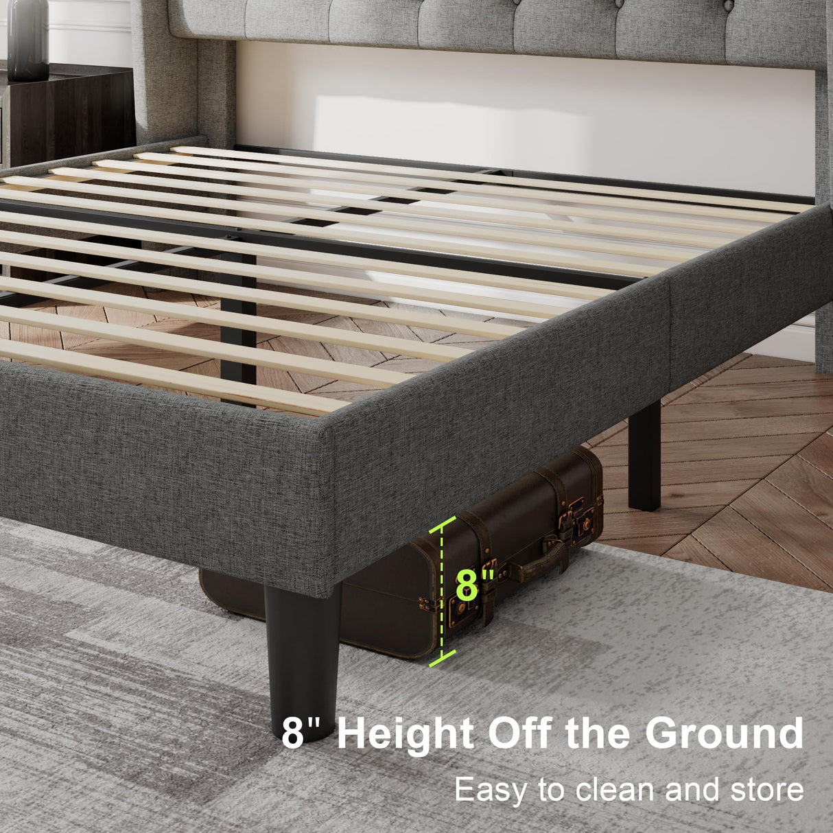 Feonase Queen Bed Frame with Upholstered Wingback Headboard, Platform Bed and Heavy Duty Wooden Slats Support, Easy Assembly, Noise-Free, No Box Spring Needed, Light Gray Feonase