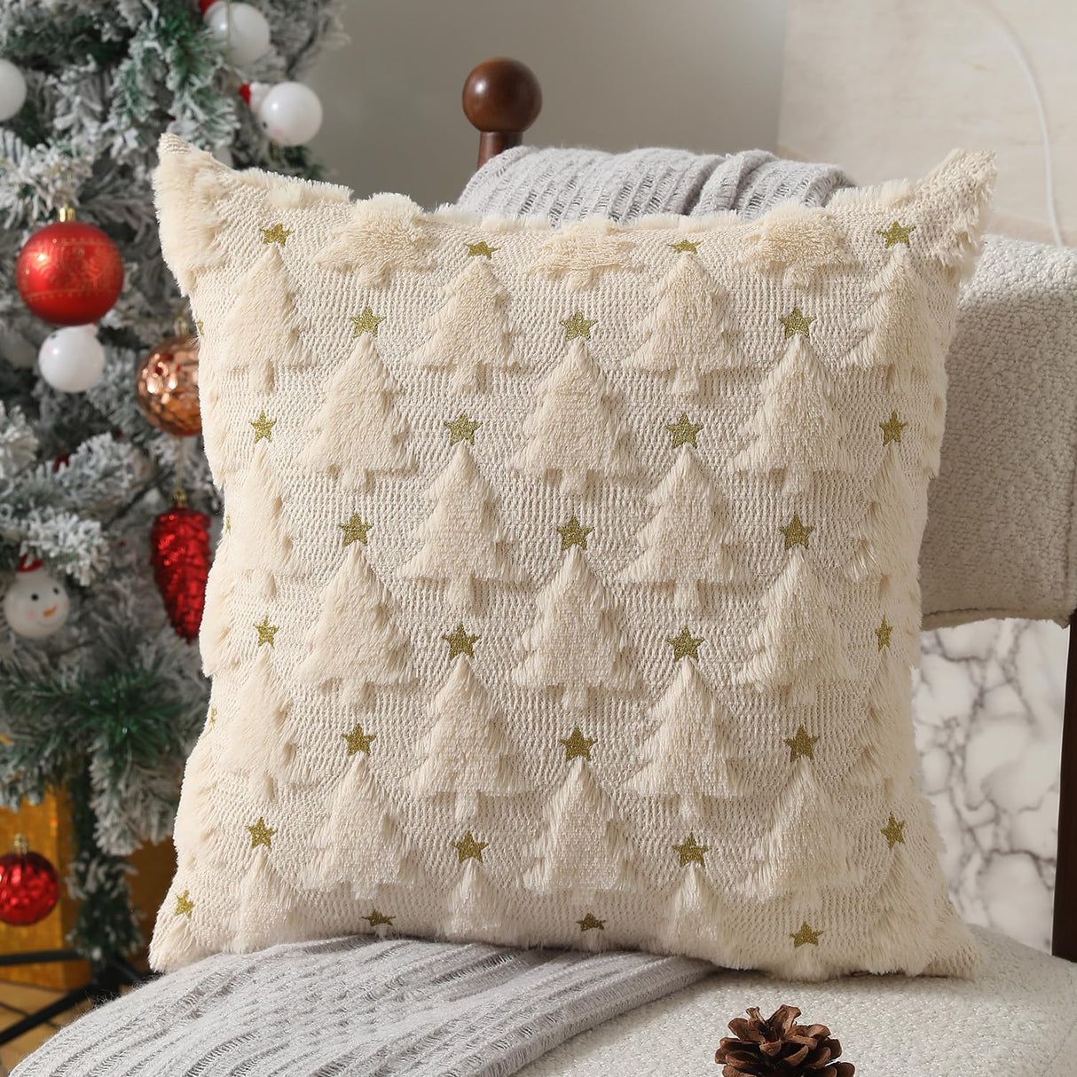 Allorry Christmas Pillow Covers 18 x 18 inch Set of 2 Beige Christmas Tree Pillow Covers Decorations Plush Faux Fur Soft Cushion Case for Winter Xmas Holiday Home Bedroom Sofa Decors PT004-C18 Allorry