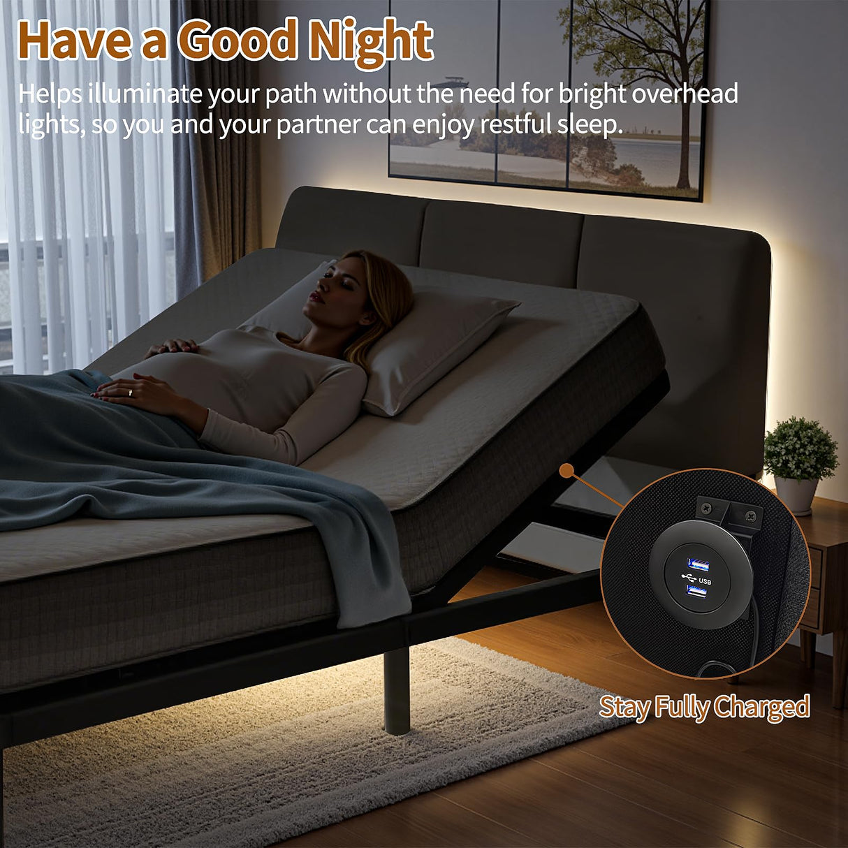 King Size Adjustable Bed Base, Black Steel Bed Frame, Separate Head & Foot Incline, Wireless Remote Control Adjustable Bedbed, Ergonomic Electric-Bed with Under Nightlight, and 4 USB Ports Lyngins