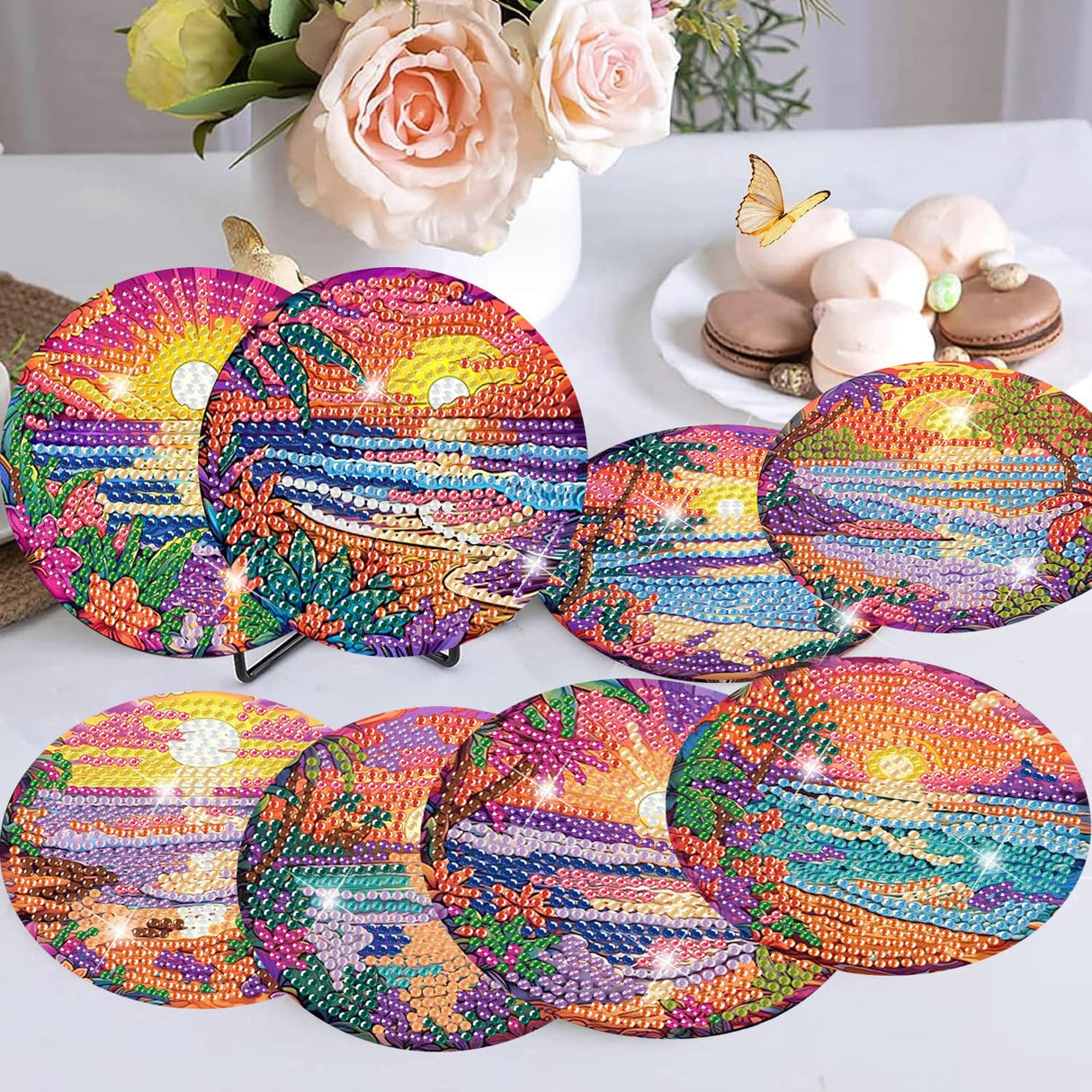 Meothan 8 Pcs Diamond Art Coasters kit with Holder Cork Pads, Diamond Dot Art Painting Coasters Kit for Adults (Sunset Beach) Meothan