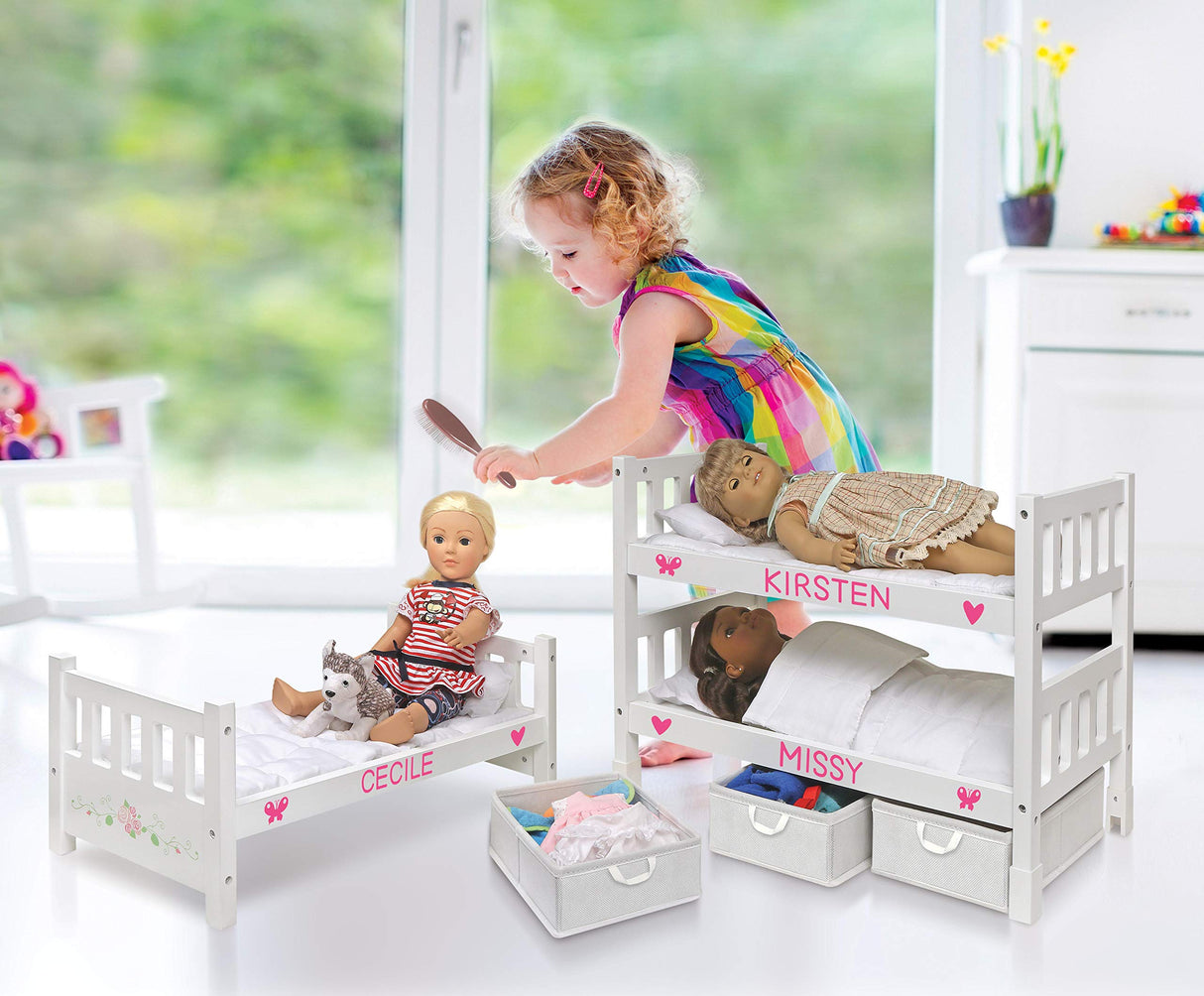 Badger Basket 1-2-3 Convertible Doll Bunk Bed with Bedding and Storage Baskets – Elegant White and Rose Design for 18 to 20-Inch Dolls Badger Basket
