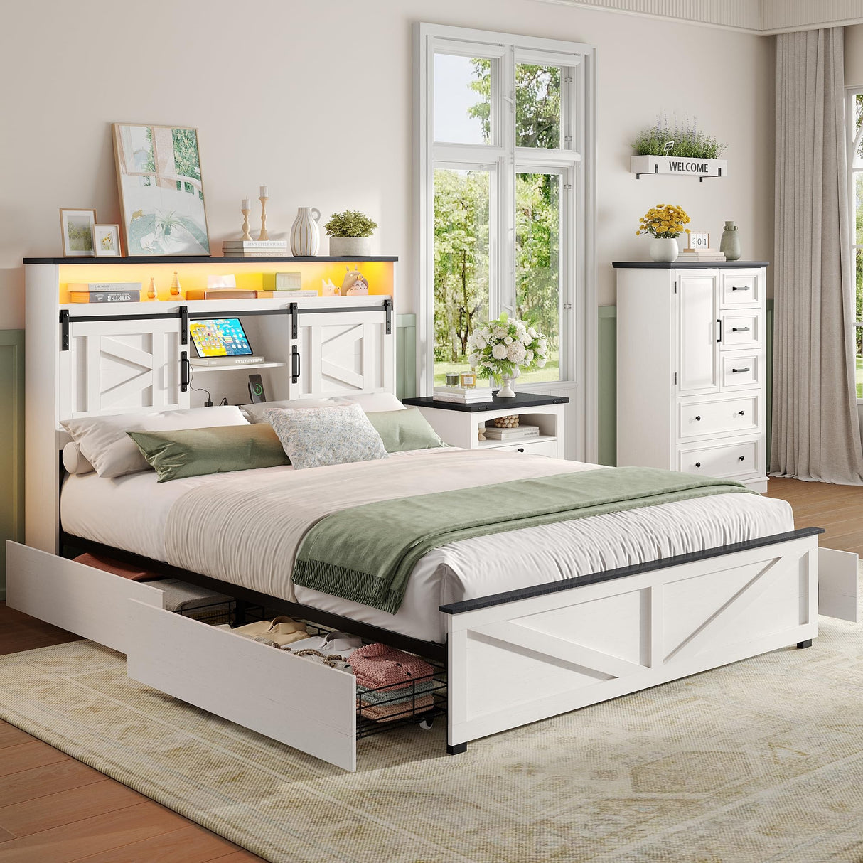Maupvit Farmhouse Full Size Bed Frame with 4 Drawers and Bookcase Headboard, Sliding Barn Door Storage Shelves, Charging Station,LED Light Metal Platform Bed Frame No Box Spring Needed, White Door K Maupvit
