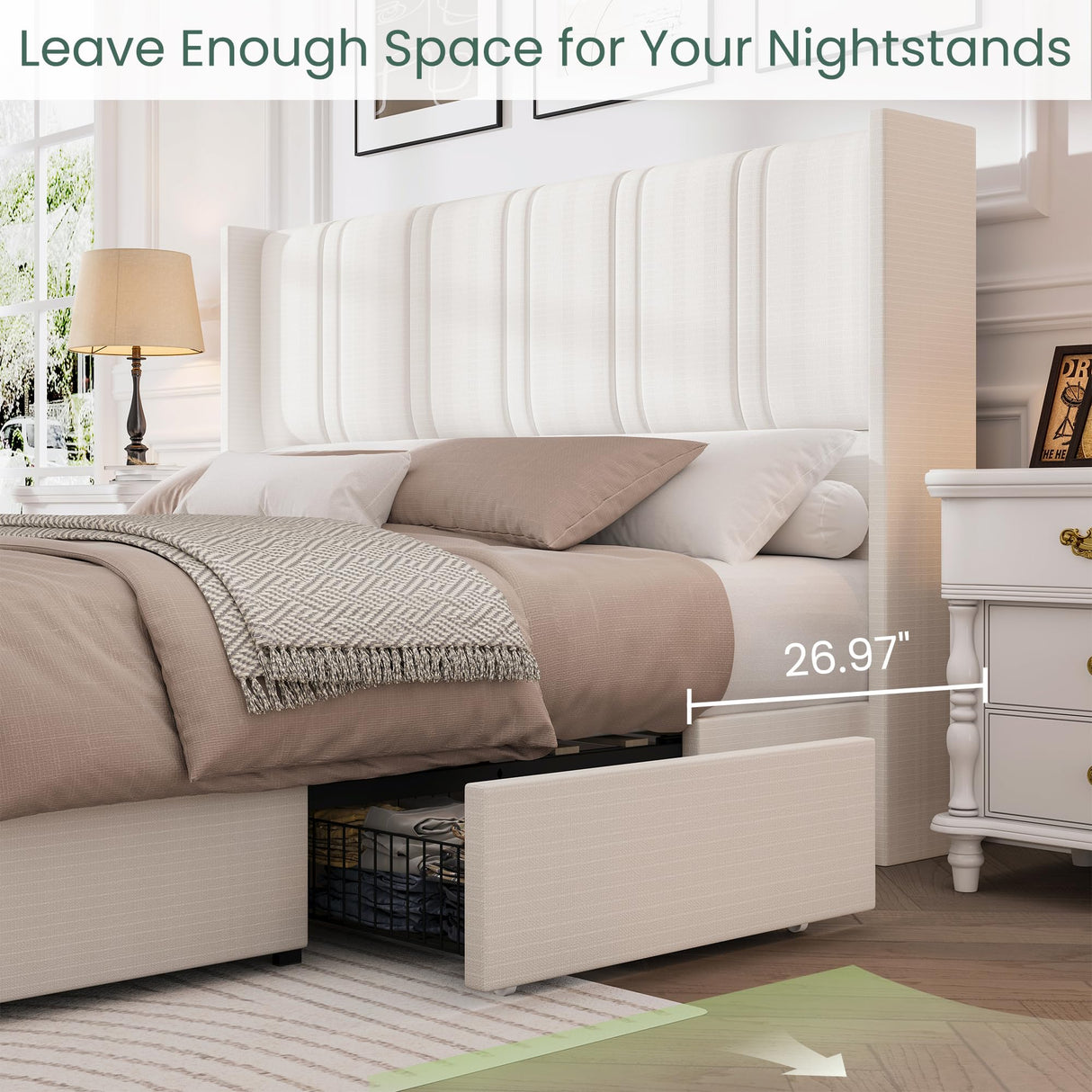 LARMACE King Size Bed Frame with 4 Storage Drawers and Wingback Headboard Linen Upholstered Platform Bed Frame with Wooden Slats, Easy Assembly, White LARMACE