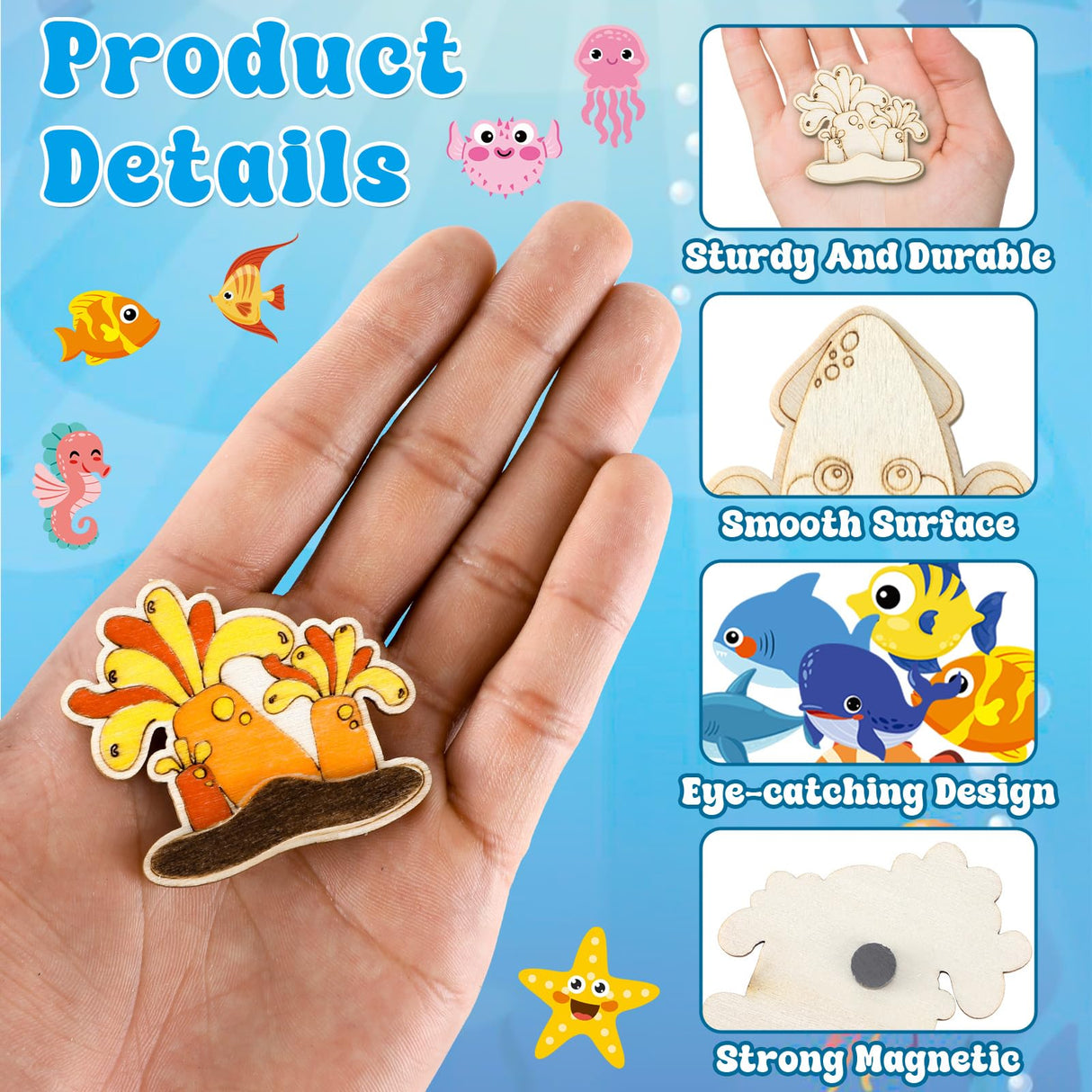 gisgfim 36Pcs Wooden Magnet Painting Craft Kit DIY Wooden Ocean Animal Magnets Coloring Arts Crafts for Kids Ages 4-8 8-12 for Birthday Party Gift Toys Sea Animal Craft Creativity Supplies Party Favor gisgfim