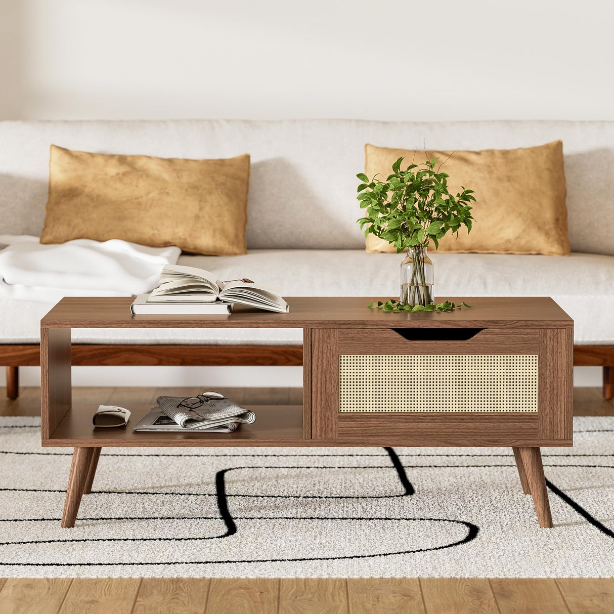 DIYART Brown Rattan Coffee table, Mid Century Modern with Drawer & Shelf, 39'' Wooden boho coffee table for Living Room DIYART