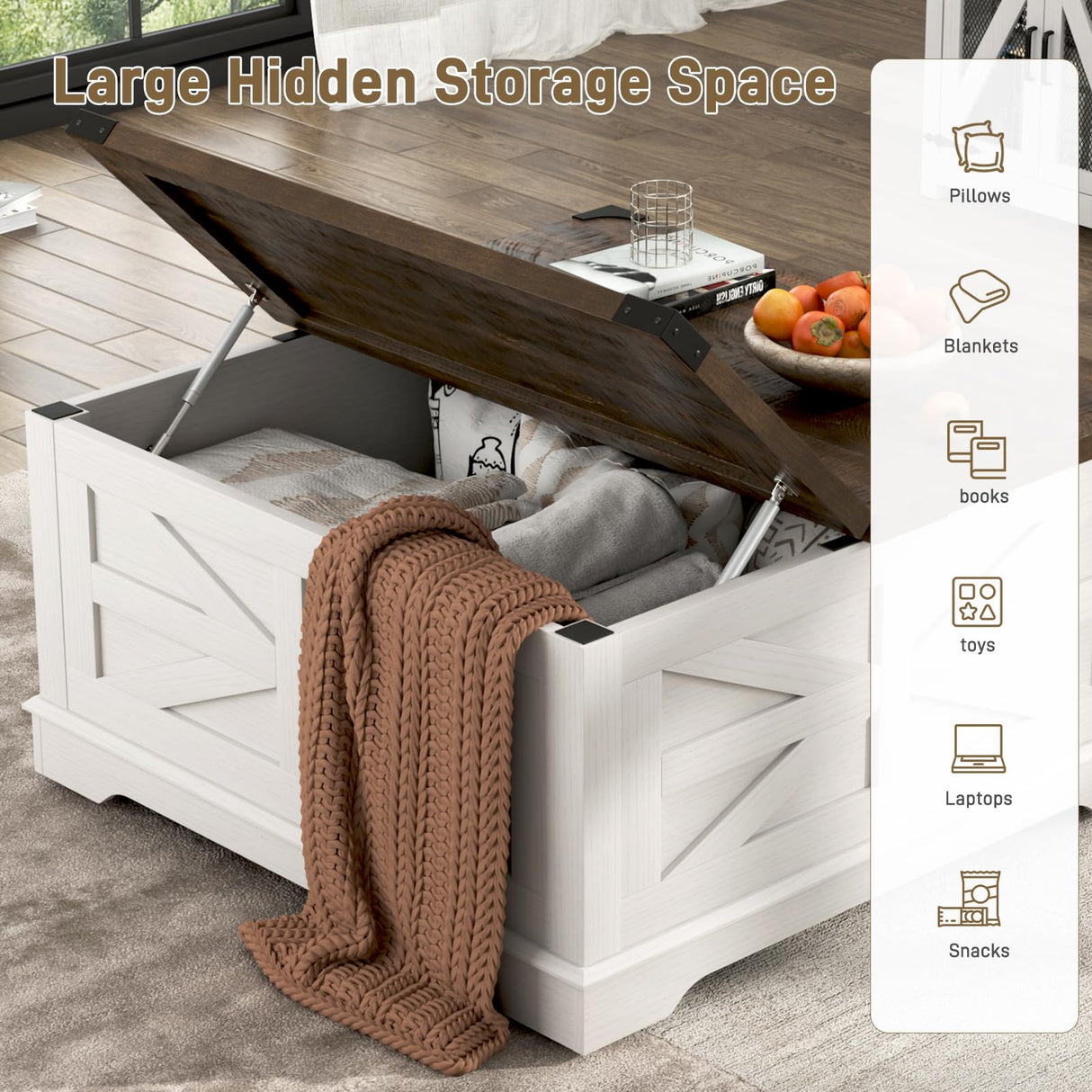 Hlivelood 36" Farmhouse Movable Lift Top Coffee Table with Storage and Power Outlets, Square Wood Living Room Tables with Wheels&Large Hidden Space, Lift Wooden Barn Door Center Table, White Hlivelood