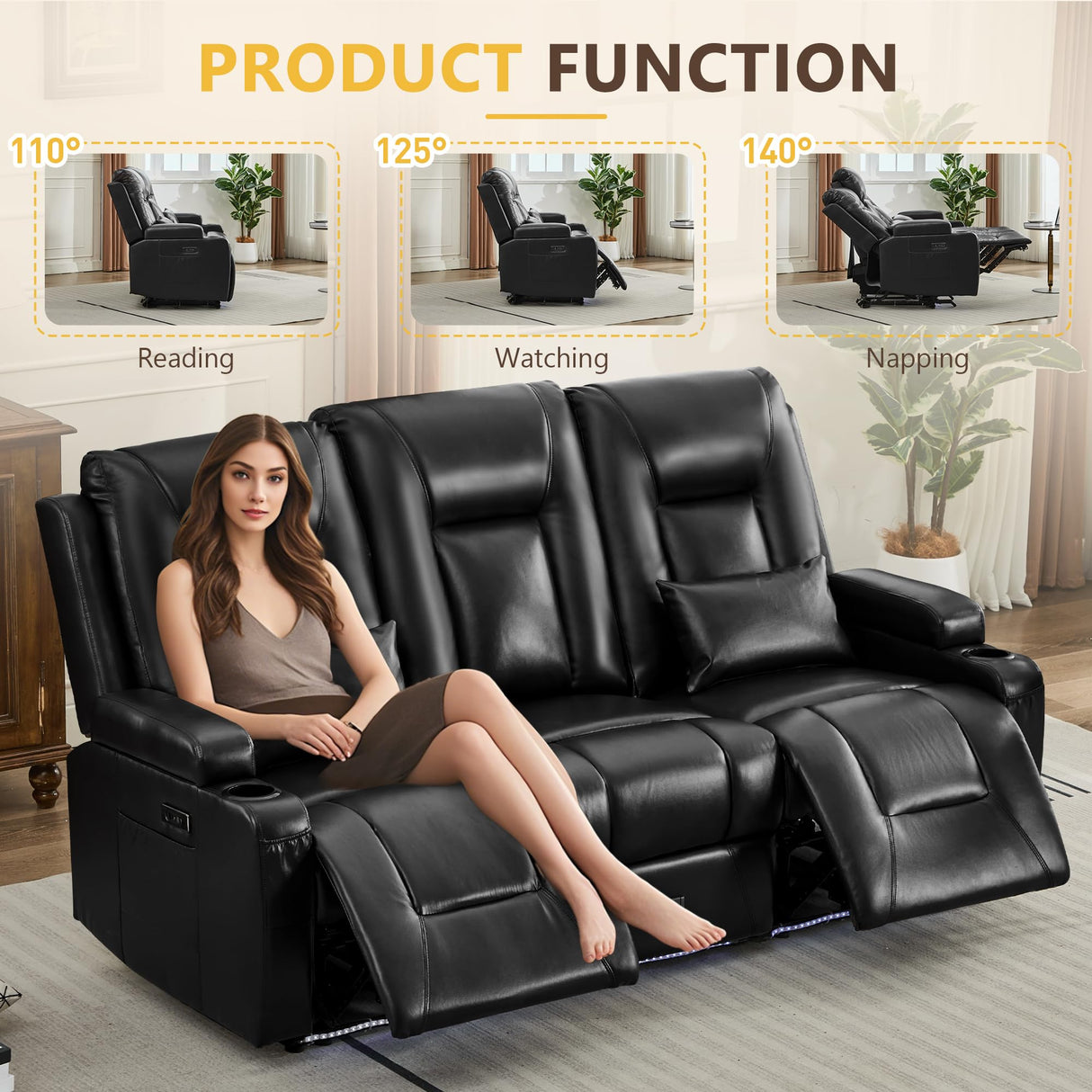 URRED Wall Hugger Power Recliner Sofa, RV Double Reclining 3-Seater Couch for Living Room with LED Lights, USB Ports, Cup Holders and Side Pockets, Outlets, Drawer, Faux Leather – Black URRED