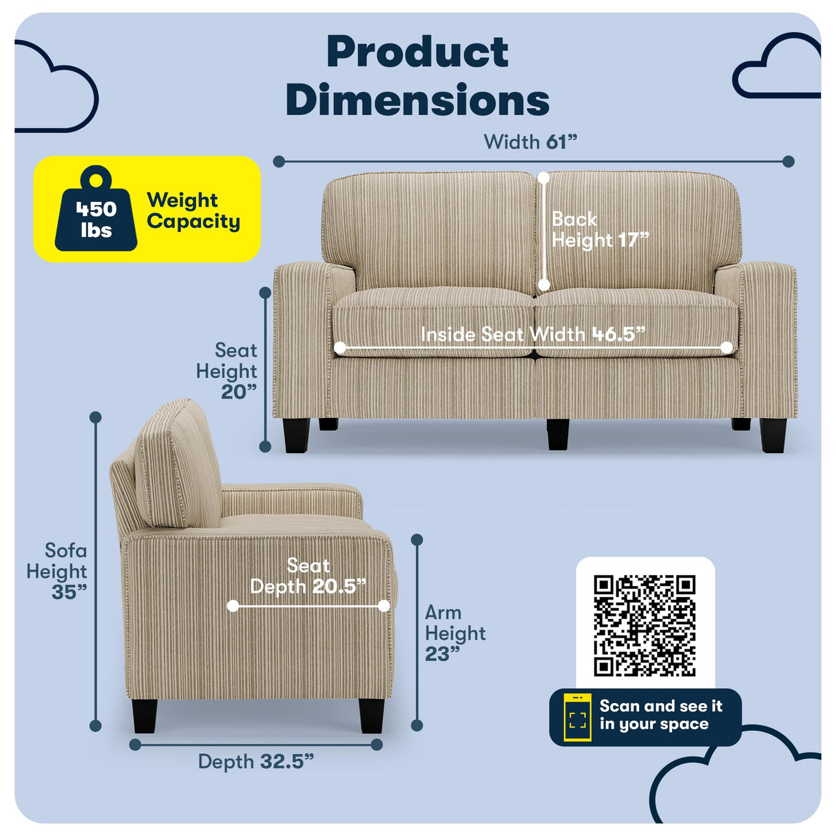 Serta Palisades 61" Track Arm Sofa, Easy Care Polyester, Soft Pillow Back, Pocket Coil Seat Cushions, Removable Covers, Loveseat or Couch for Small Spaces, Living Rooms or Bedrooms, Beige Serta