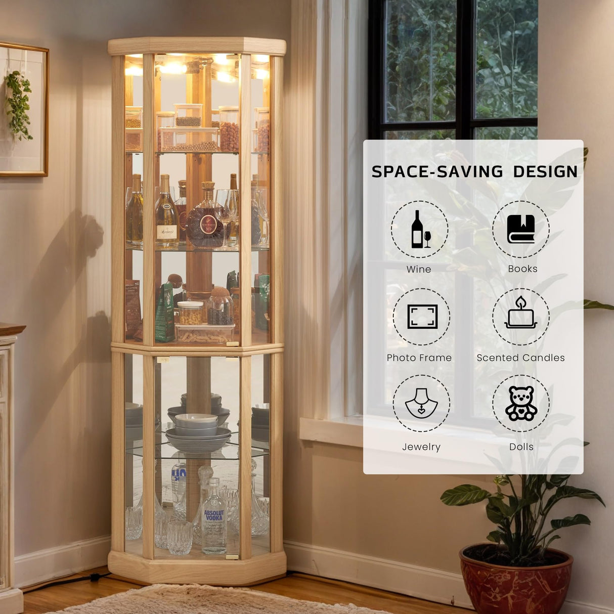 CKEASEAN Corner Curio Cabinet, 70" H Lighted Glass Display Cage with Tempered Glass Doors and 5 Adjustable Shelves, Light Bulb Inclued, Wine Bar China Cabinet for Living Room (Light Oak) CKEASEAN