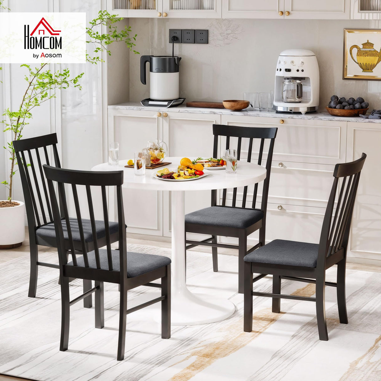HOMCOM Wooden Dining Chairs Set of 4, Farmhouse Upholstered Kitchen Chairs with Rubber Wood Frame for Living Room, Dining Room, Black and Gray HOMCOM