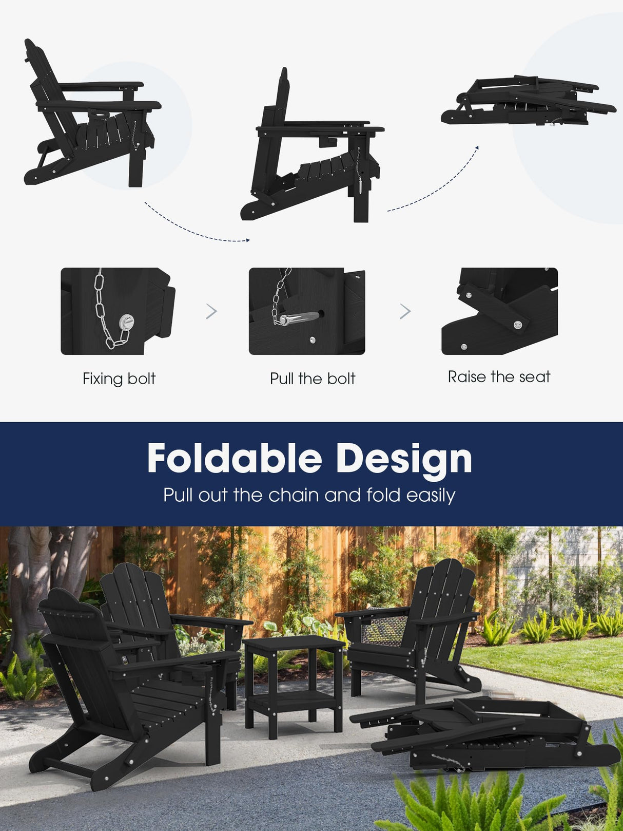 KINGYES Folding Adjustable Backrest Adirondack Chair with Cup Holder, Oversized Weather Resistance Adirondack Chair, HDPE Reclining Adirondack Chair for Adult, Black KINGYES