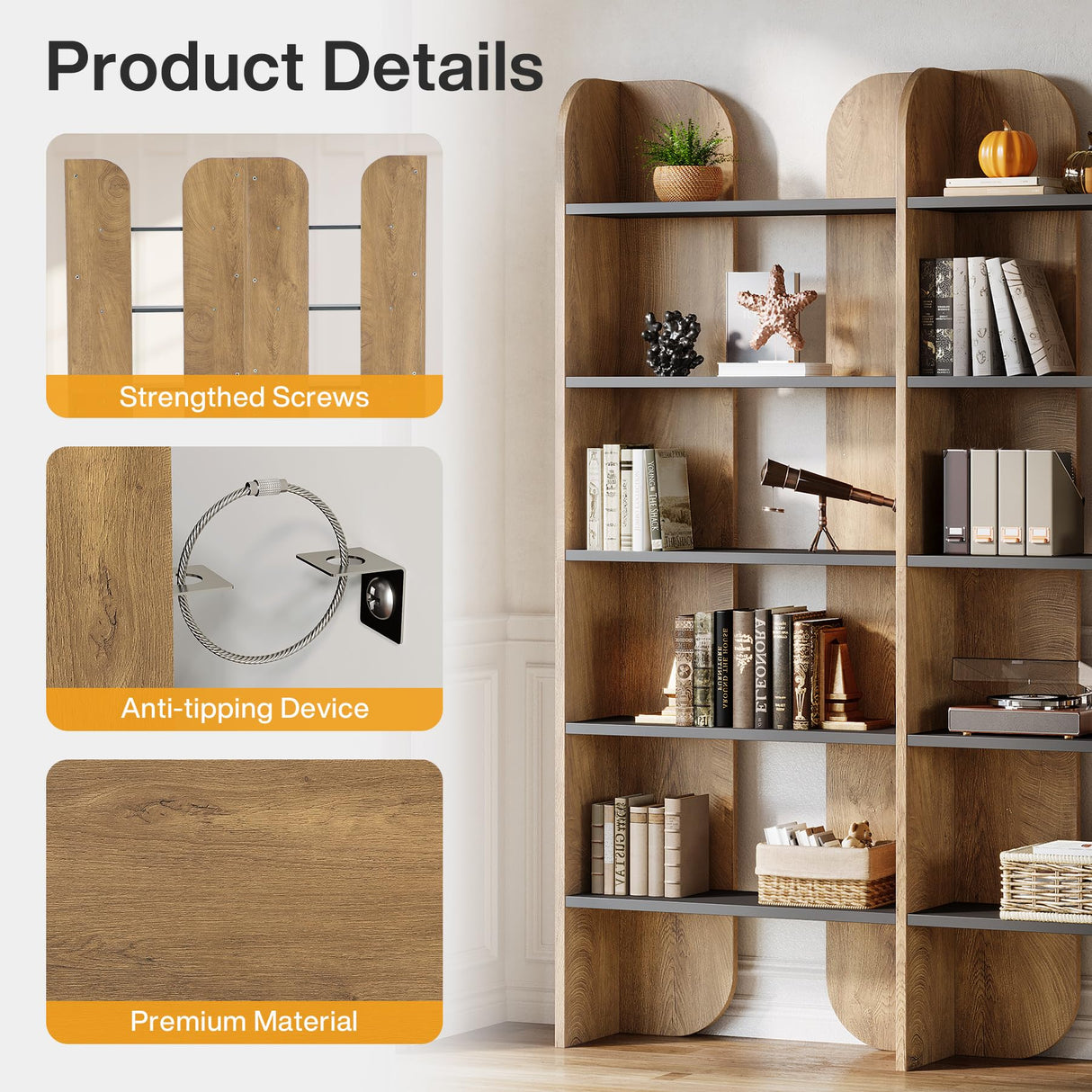 Tribesigns 70.87" Tall Farmhouse Bookshelf, 5-Tier Double Wide Bookcase with Open Shelves, Vintage Bookshelf for Living Room, Office, Study Room, Bedroom (1, Brown+Black) Tribesigns